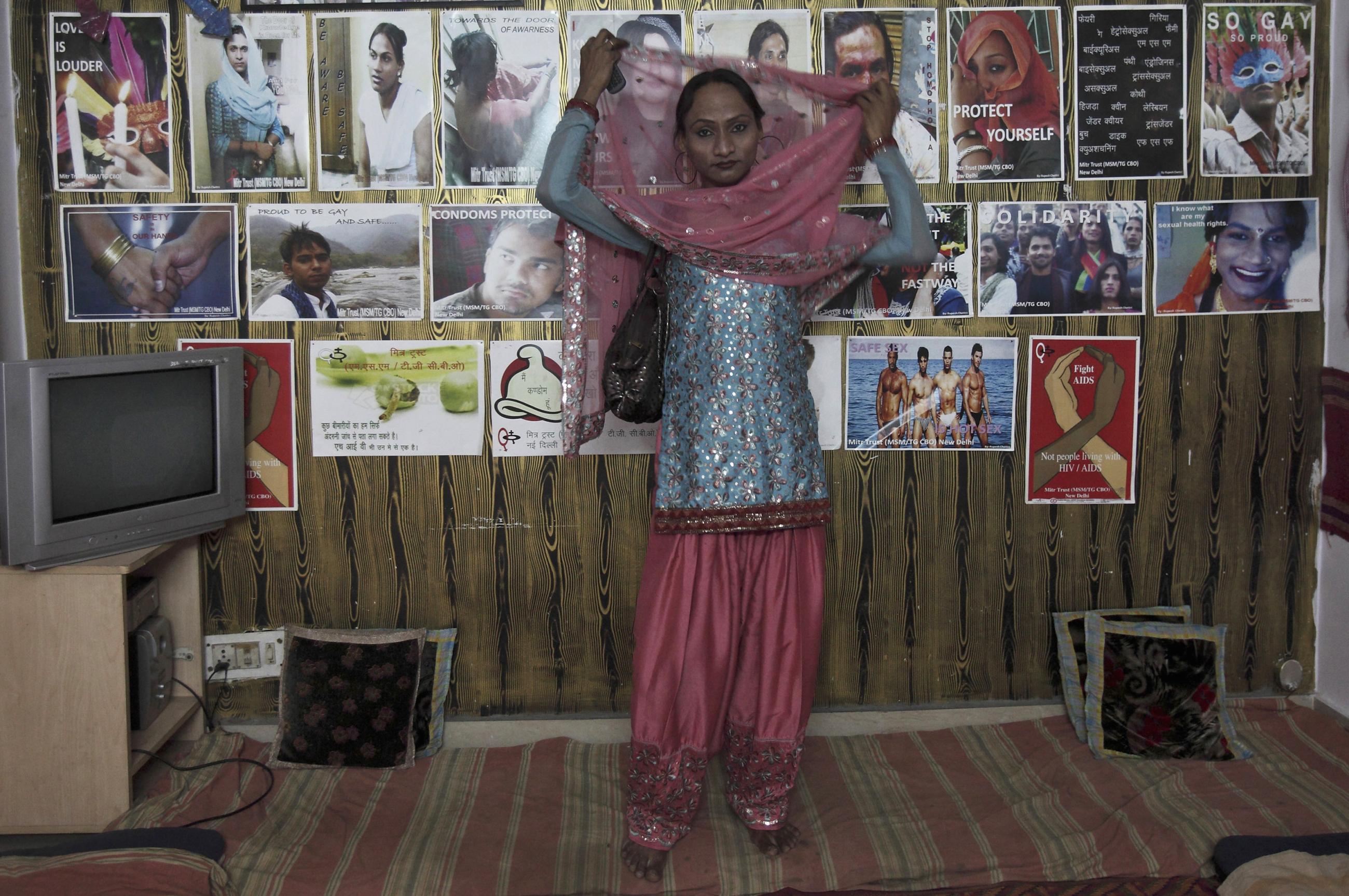 Seema, thirty-three, poses inside a local nongovernmental organization office, which supports sexual minorities, in New Delhi, May 14, 2012.