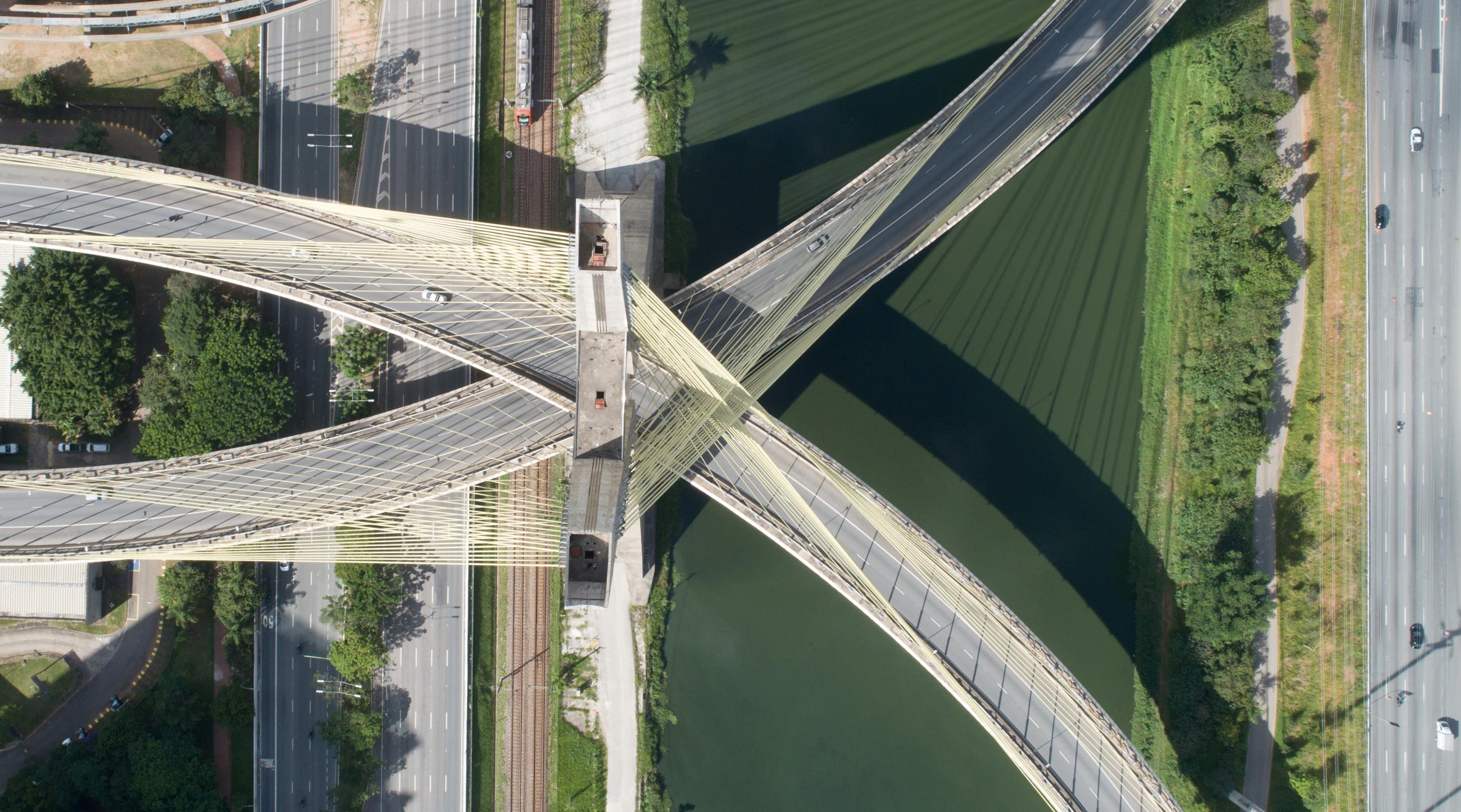 An aerial view of empty Octavio Frias de Oliveira Bridge, a cable-stayed bridge, on the first day of lockdown imposed by state government because of the coronavirus disease (COVID-19) outbreak in Sao Paulo, Brazil, March 24, 2020.