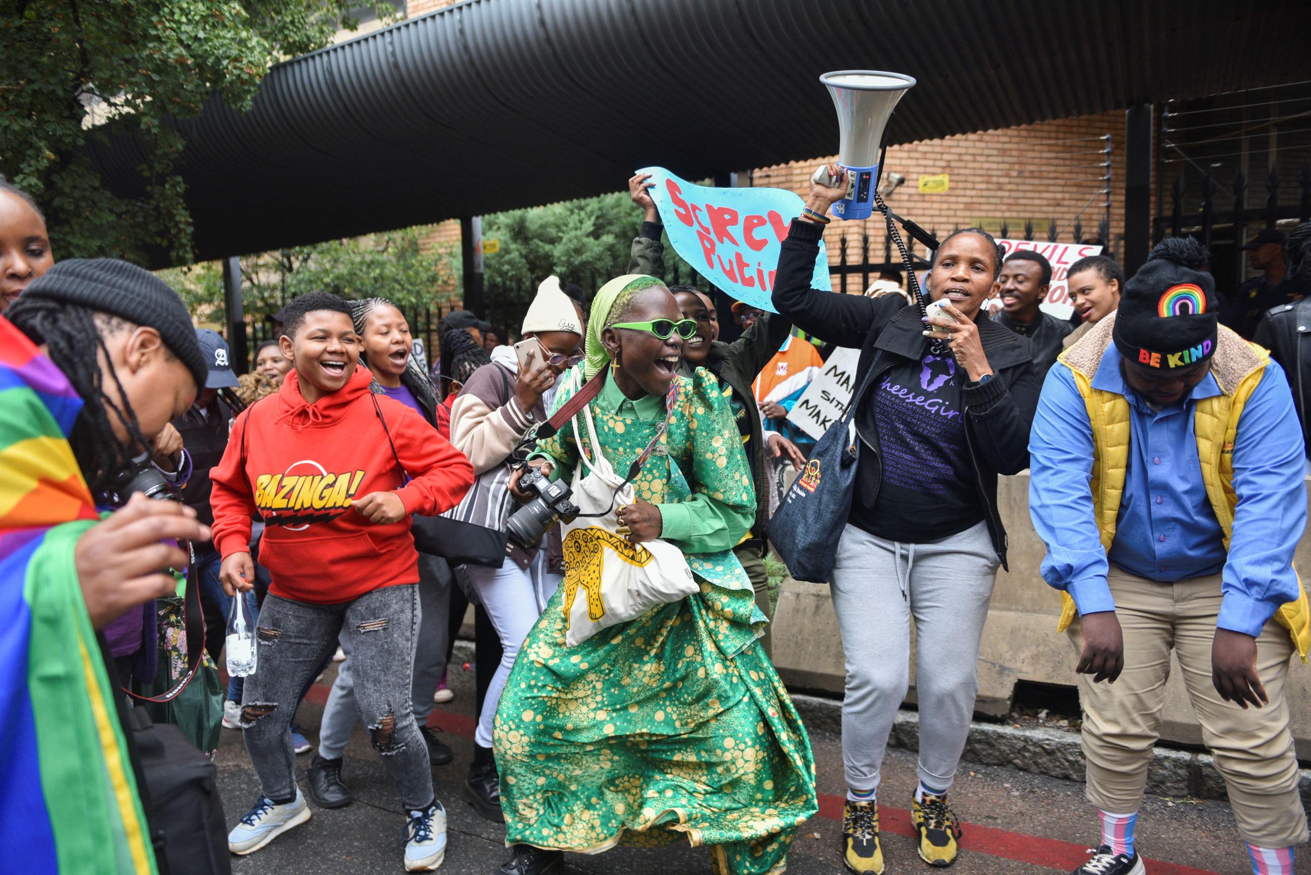 Papa De (DeLovie Kwagala), a queer Ugandan photographer and LGBTQ+ rights activist living in South Africa, demonstrates against Uganda's proposed antigay law, in Pretoria, South Africa, on March 31.  