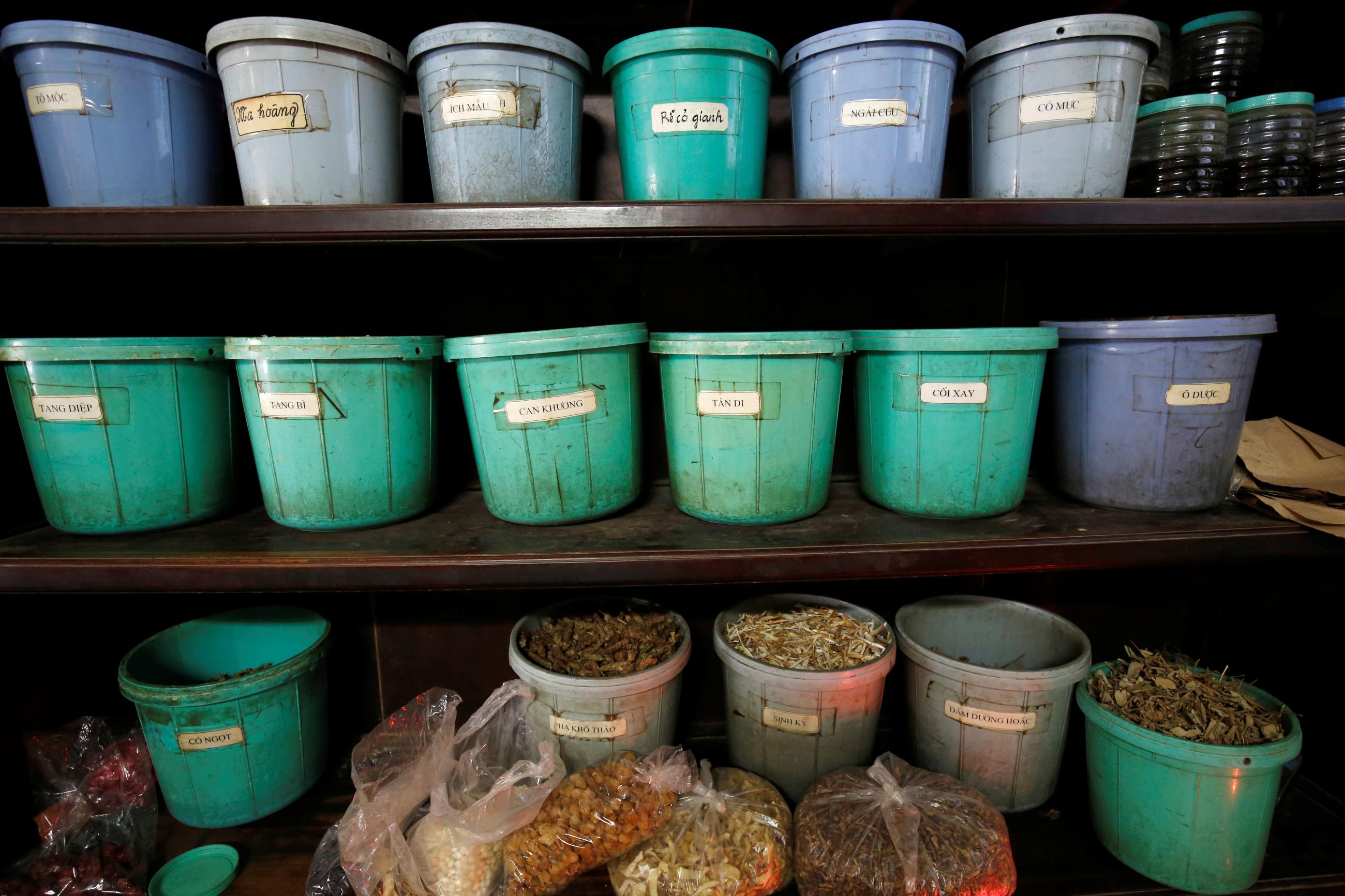 Boxes containing traditional medicines are seen at Khuong Vien traditional medical shop in Hanoi, Vietnam May 22, 2018.