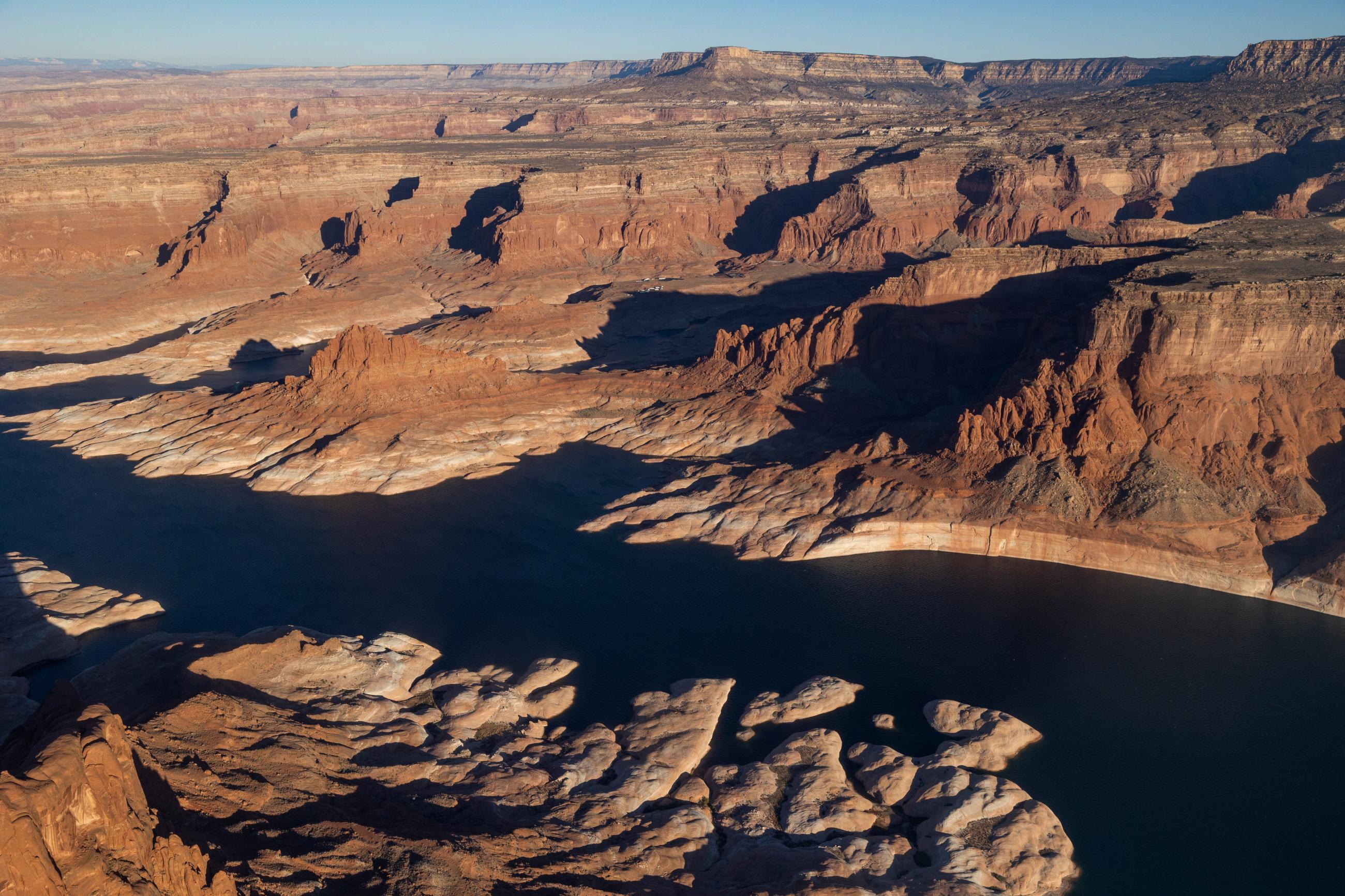 An aerial view of Lake Powell is seen, where water levels have declined dramatically as growing demand for water and climate change shrink the Colorado River in Page, Arizona, U.S., November 19, 2022. 