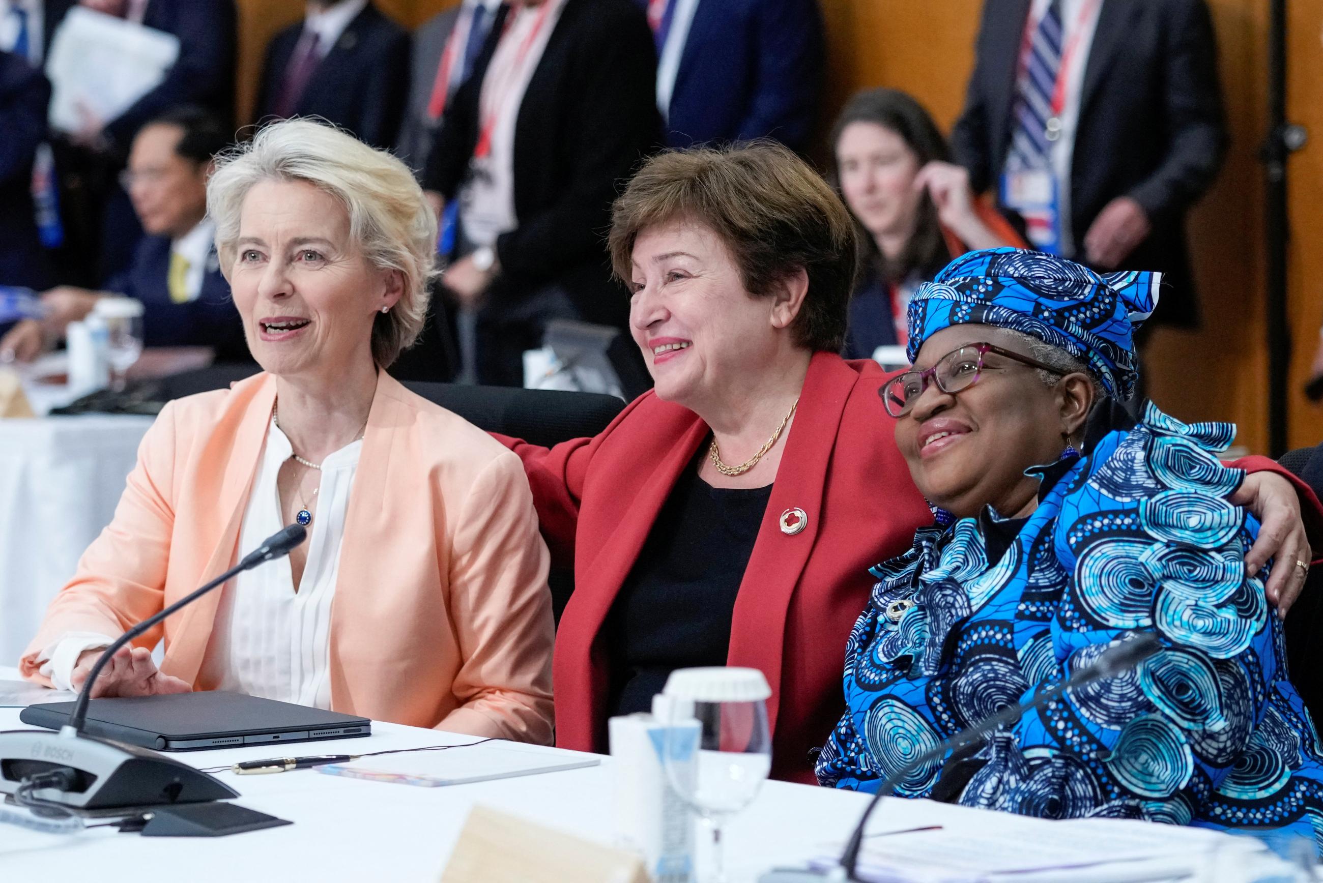 European Commission President Ursula von der Leyen, Managing Director of the IMF Kristalina Georgieva and Director-General of the World Trade Organization, Ngozi Okonjo-Iweala pose for a photo during a G7 working session on food, health and development during the G7 Summit in Hiroshima, Japan, Saturday, May 20, 2023.