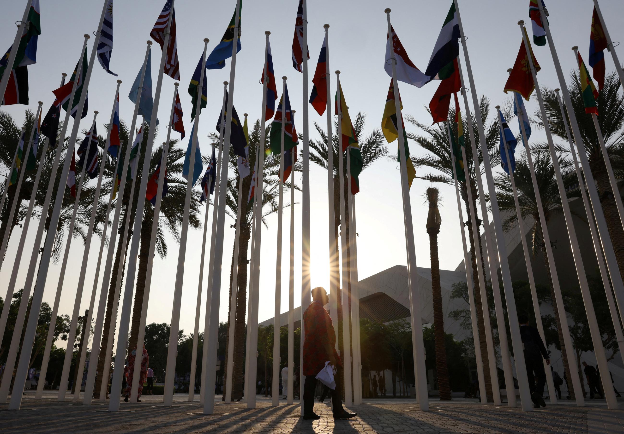A man walks next to flags during the United Nations Climate Change Conference (COP28)
