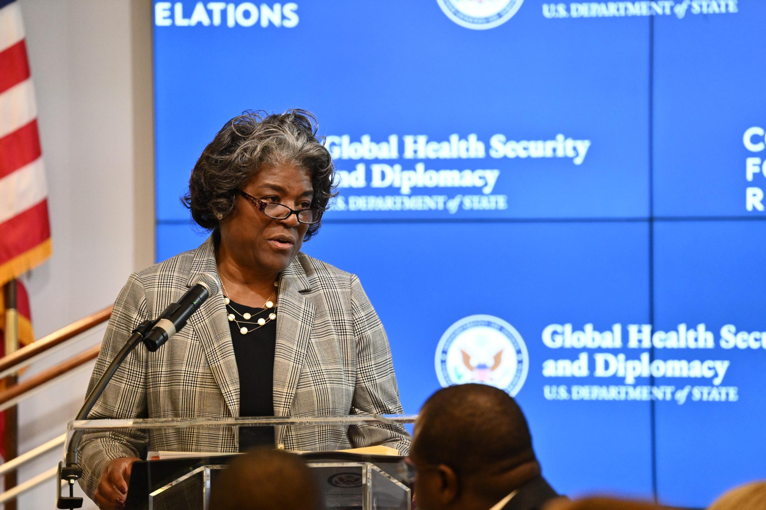 Ambassador Linda Thomas-Greenfield speaks at the Global Health Security and Diplomacy in the Twenty-First Century Symposium.