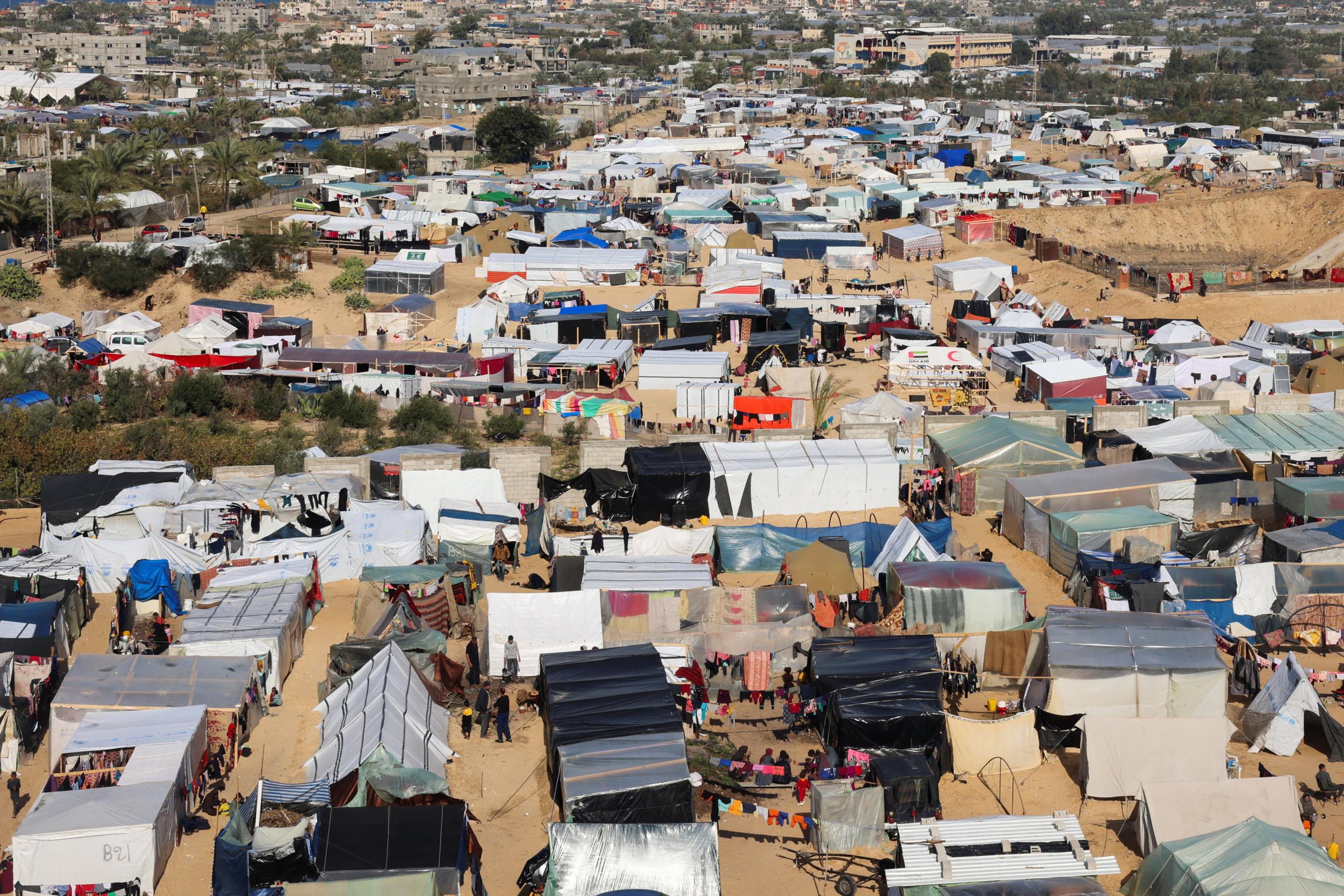 A  general view of a tent camp sheltering displaced Palestinians, who fled their homes due to Israeli strikes.