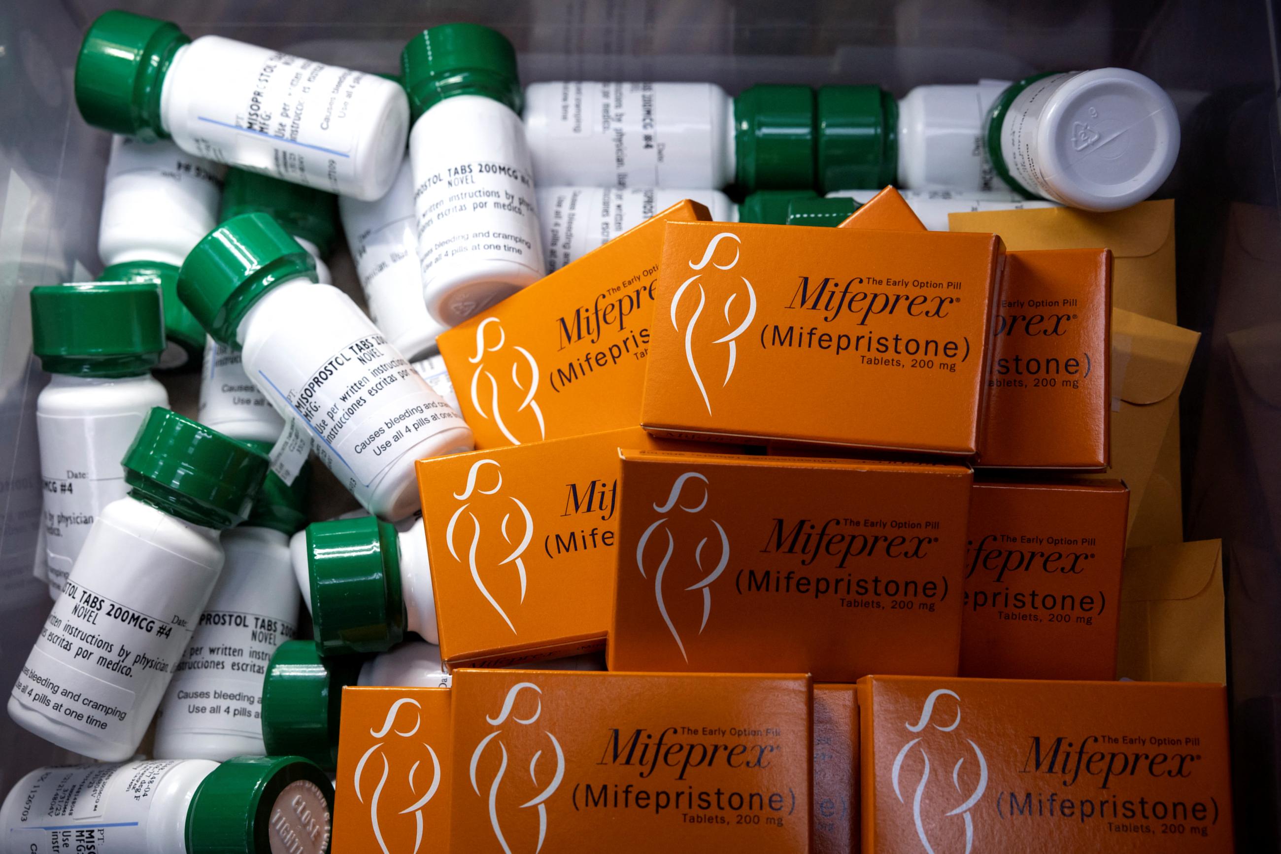 The medications used in a medical abortion lay in a storage bin at an abortion clinic.