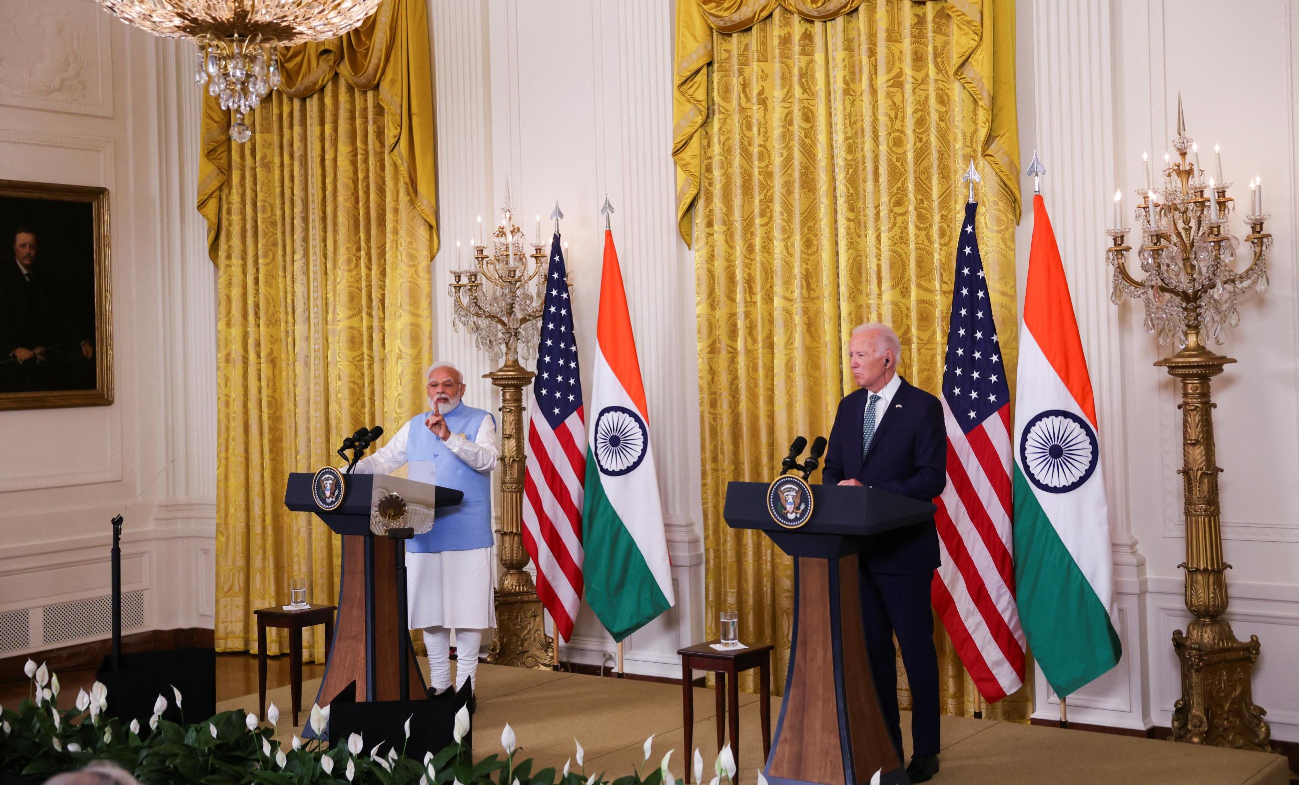 India’s Prime Minister Narendra Modi answers a question during a joint press conference with U.S. President Joe Biden at the White House in Washington, U.S., June 22, 2023.