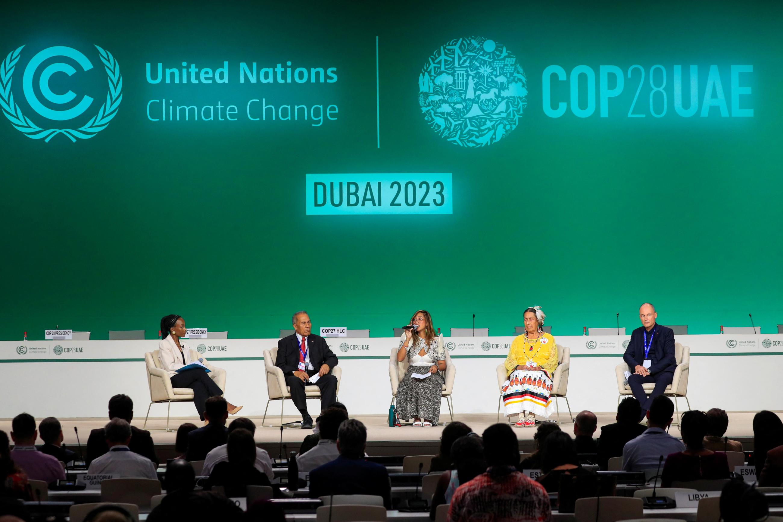 Samata Pattinson, Baraniko Baaro, Mitzi Jonelle Tan, Casey Camp-Horinek and Bertrand Piccard attend COP28