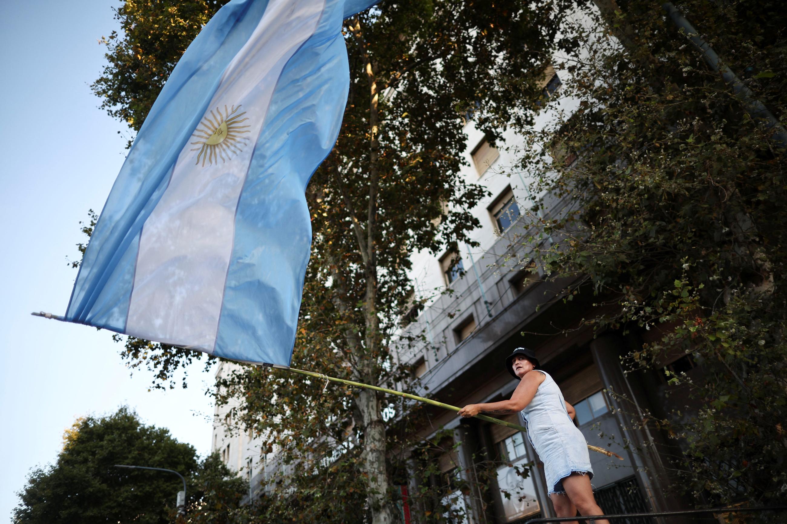 A woman waves an Argentinian flag during a protest as lawmakers debate on Argentina's President Javier Milei's economic reform bill.
