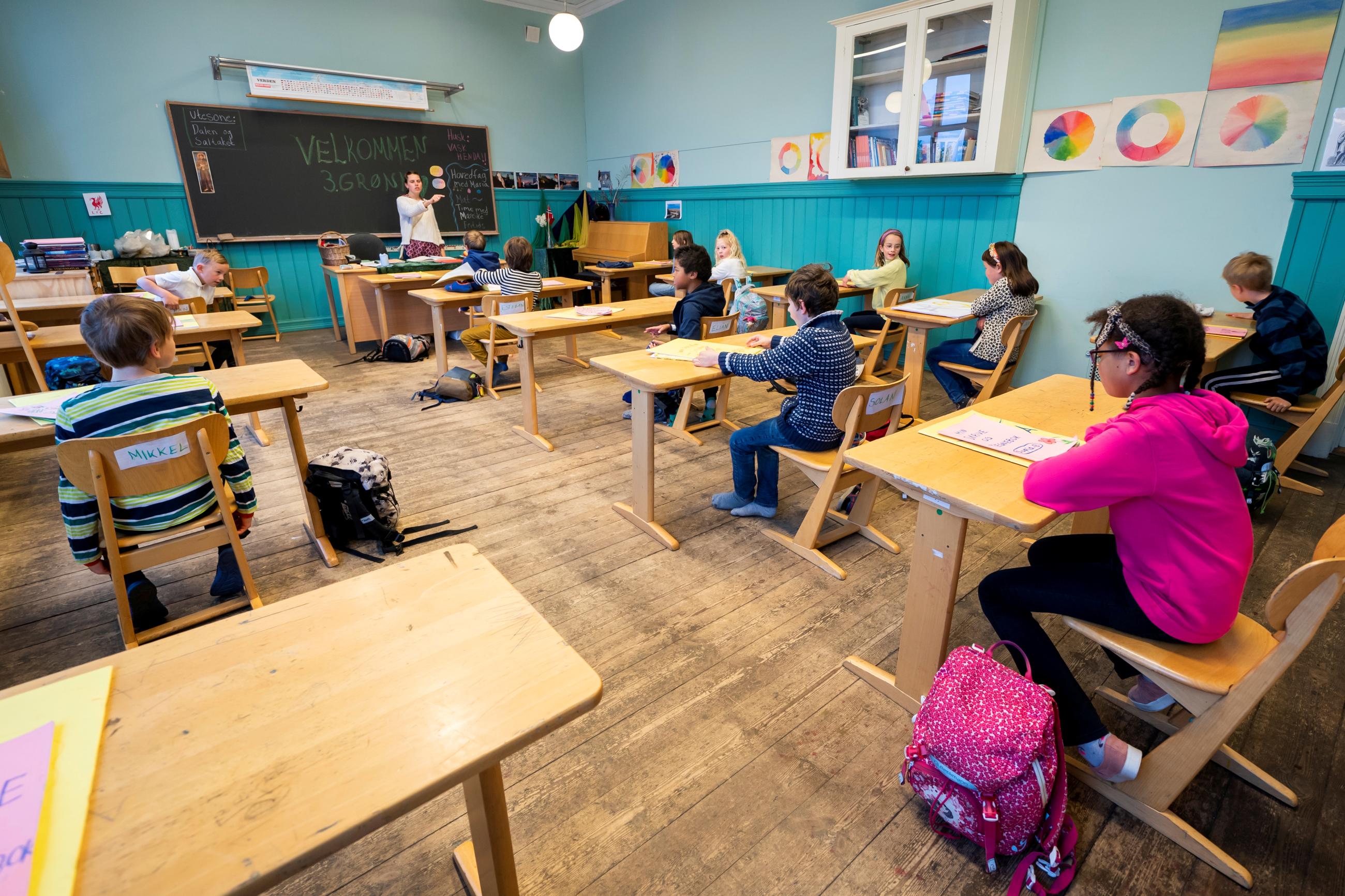 A teacher conducts classes at Nordstrand Steinerskole in Oslo, Norway.
