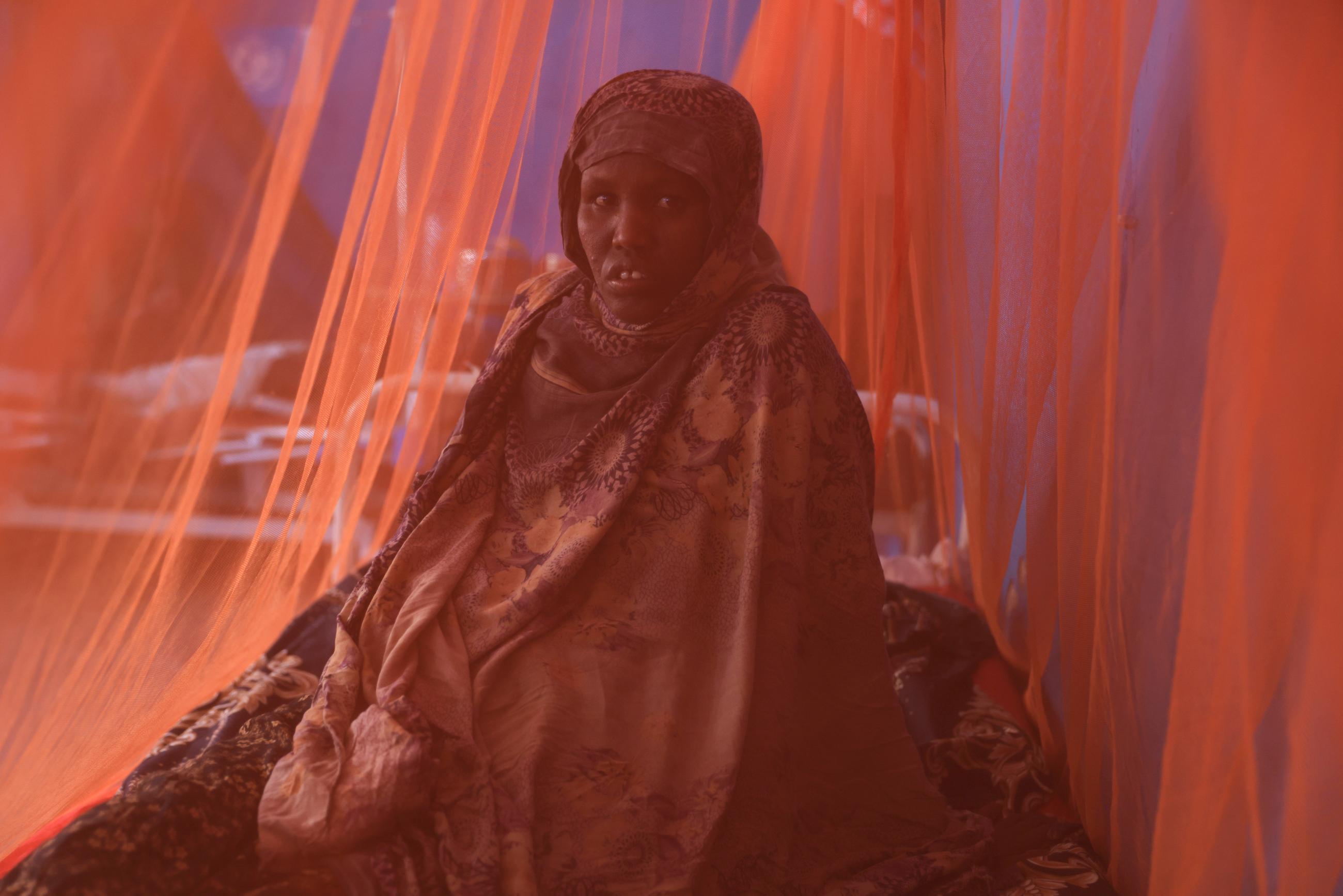 A woman sits inside a mosquito net as she receives treatment at the Gode Referral Hospital.