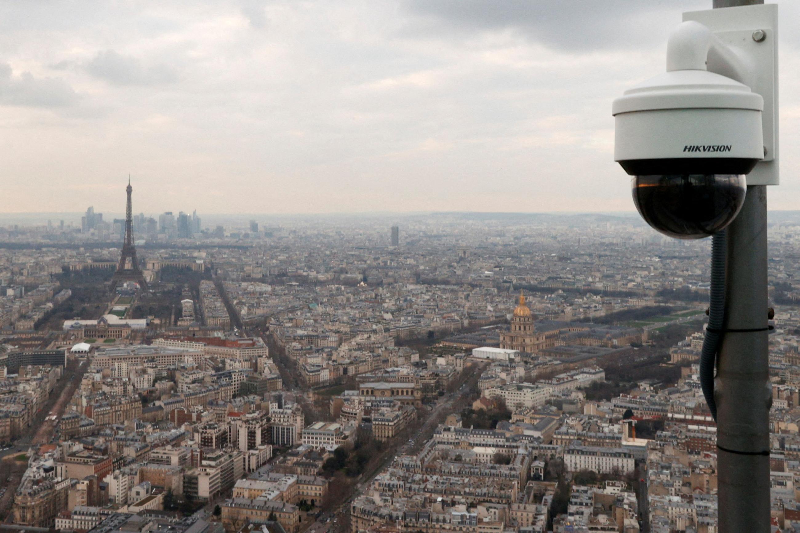 A view shows a surveillance camera as French police start to test artificial intelligence-assisted video surveillance of crowds in the run-up to the Olympics in Paris, France, March 6, 2024.