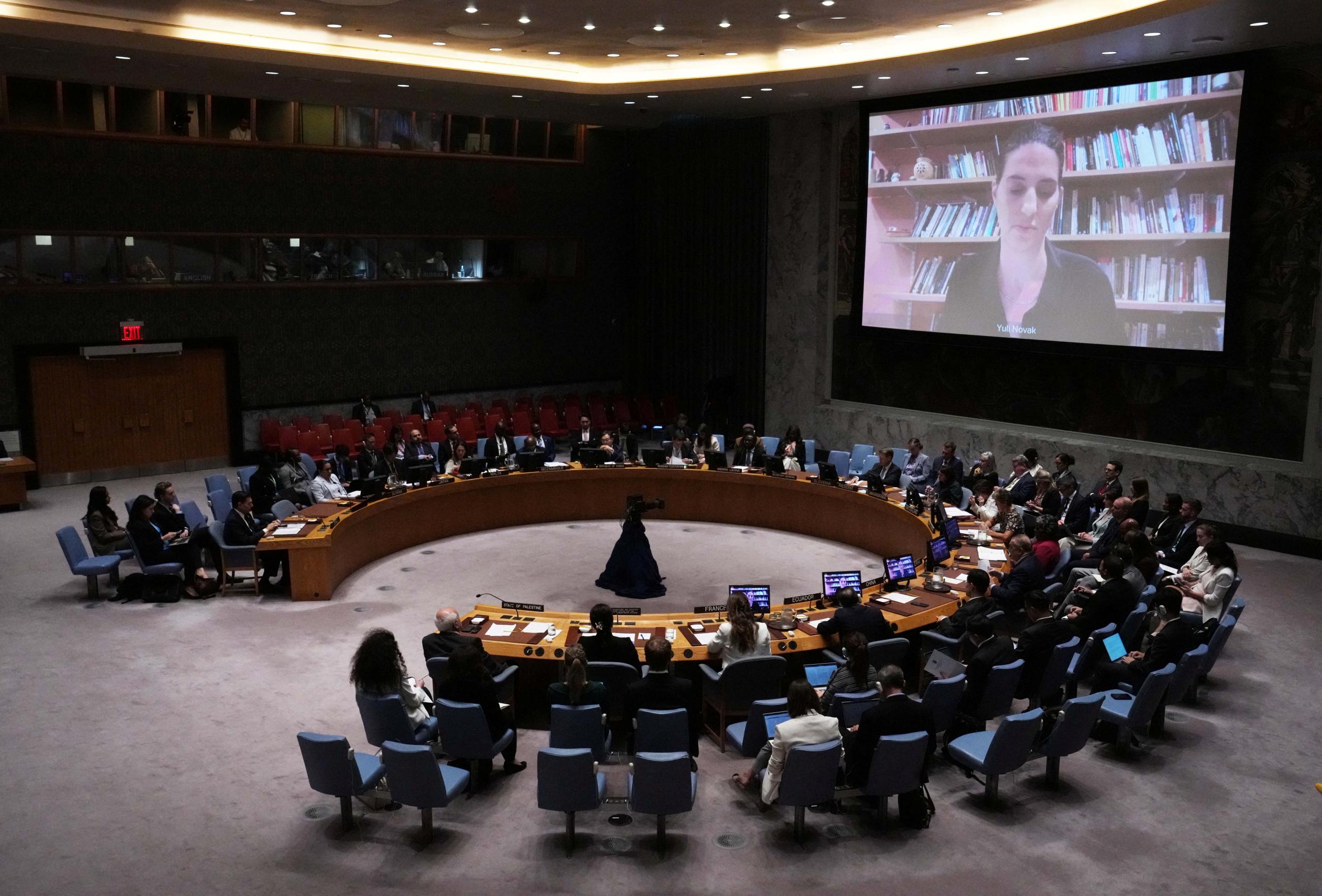 A view during United Nations Security Council meeting about the Israel-Hamas conflict in Gaza.