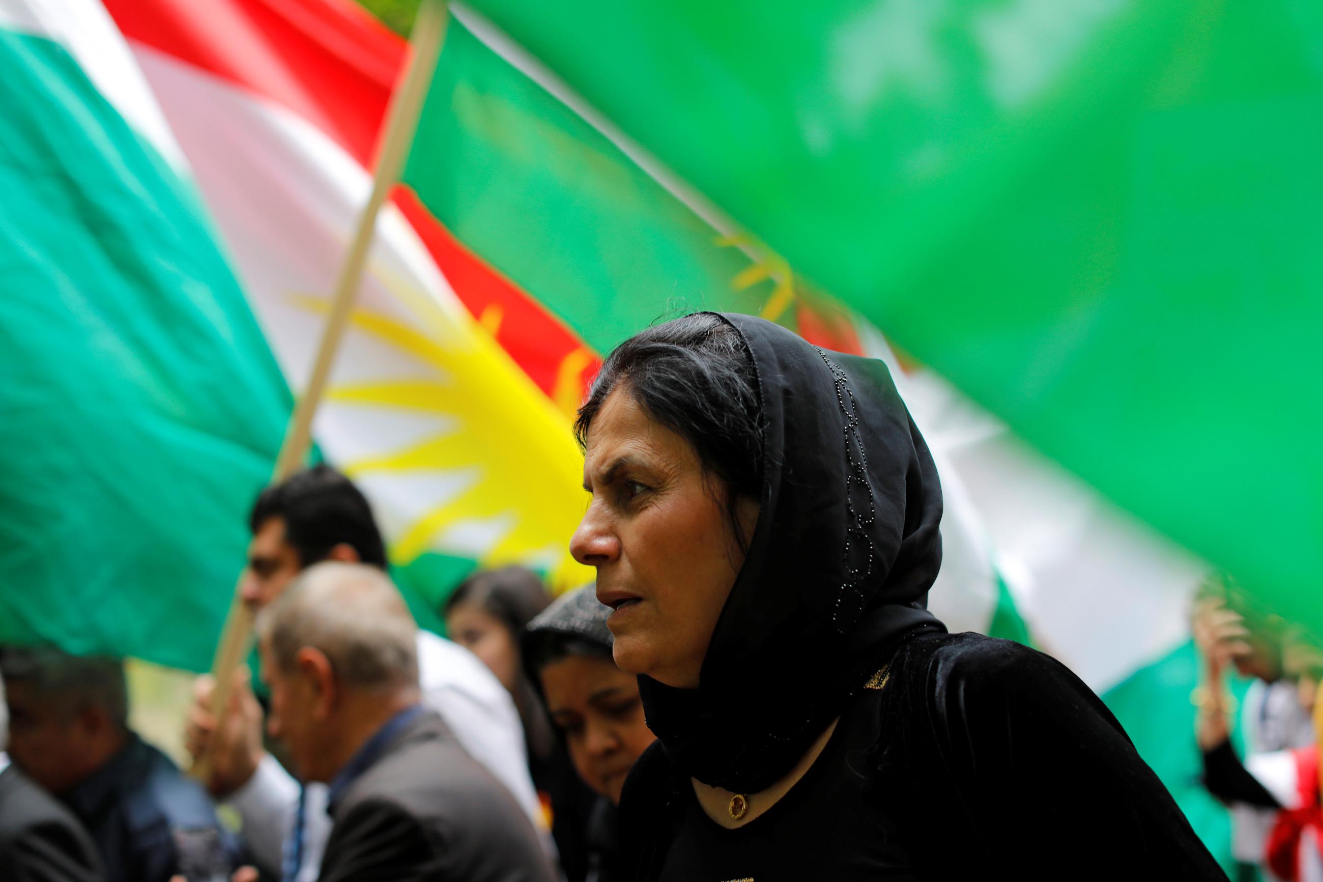 A woman with the American Rojava Center for Democracy, during a rally to protest Turkey's incursion into Kurdish-controlled northeast Syria.