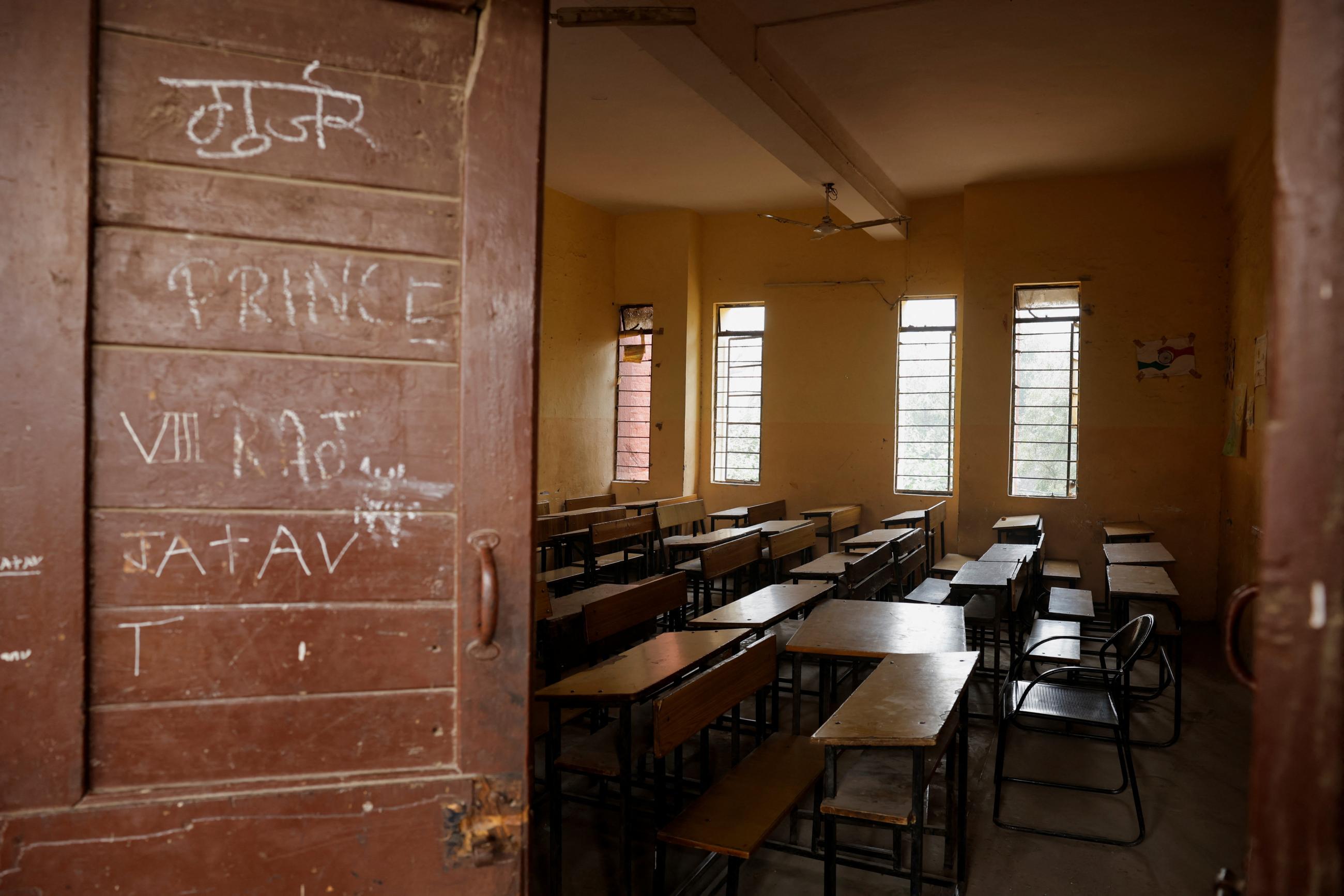A view of an empty classroom in a school.