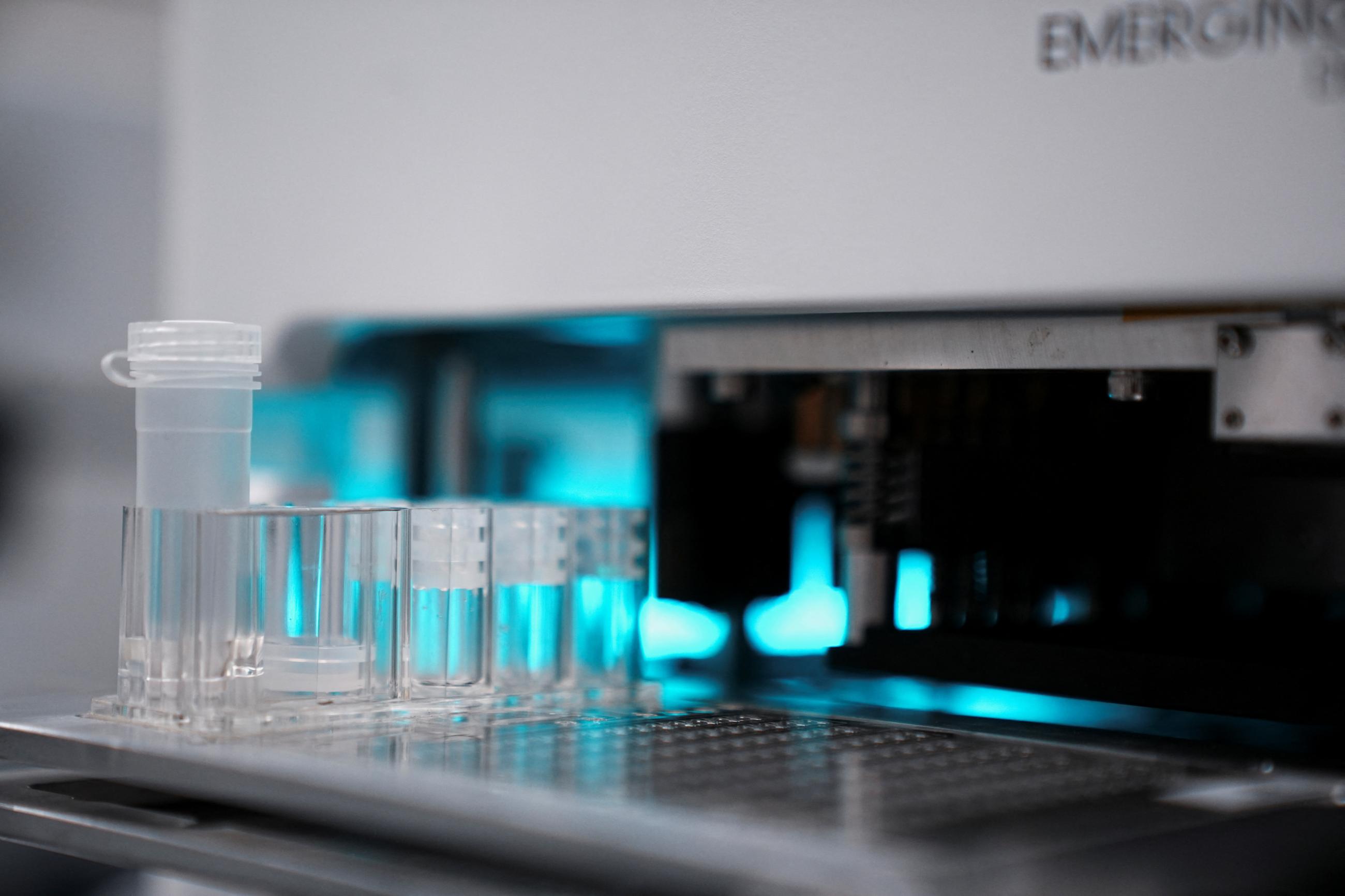 A multiplex microfluidic cartridge for pathogen detection is seen at a laboratory inside the Emerging Viral Diagnostics office, in Hong Kong, China, on March 13, 2023.