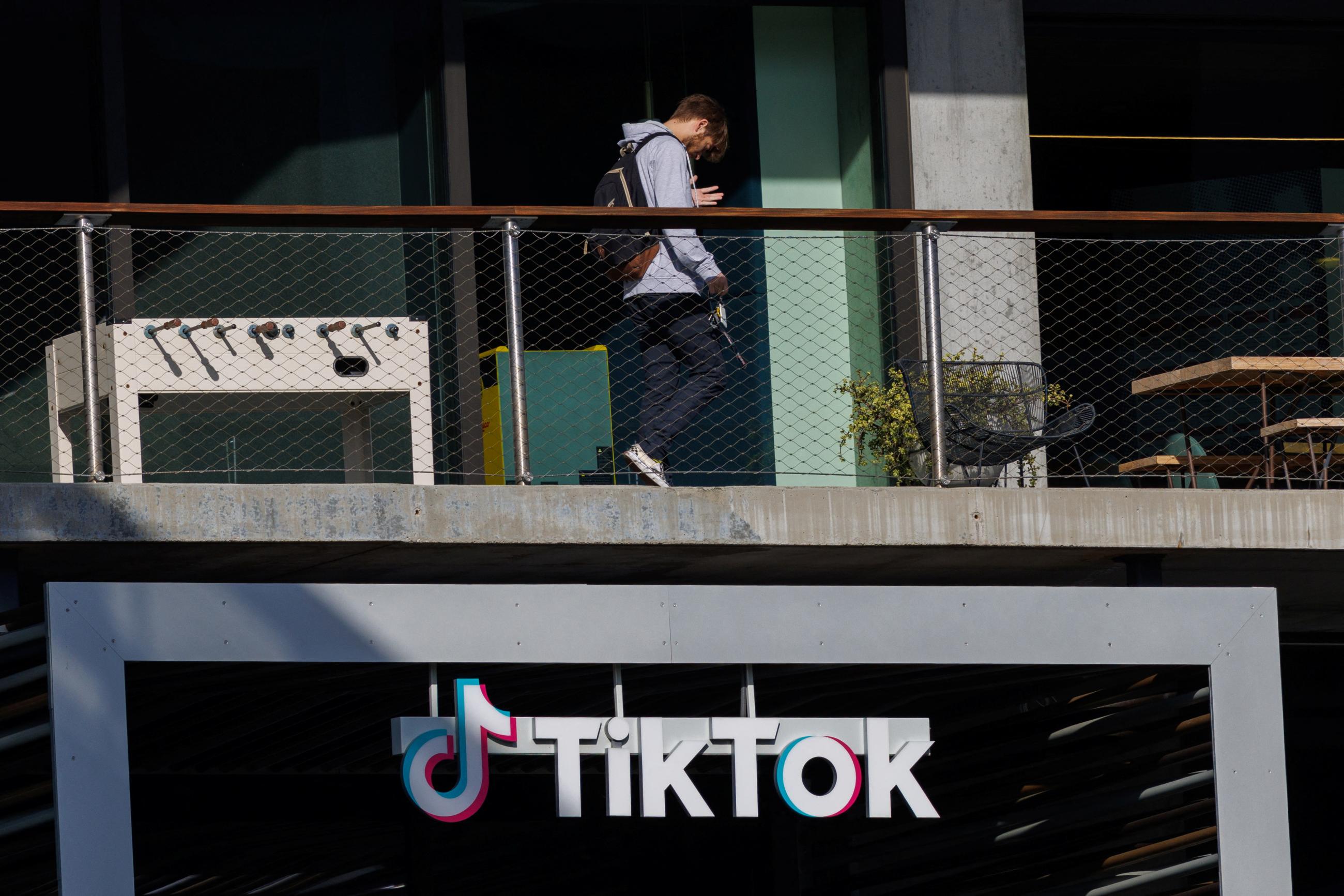 A person arrives at the offices of Tik Tok, in Culver City, California, on, March 13, 2024.