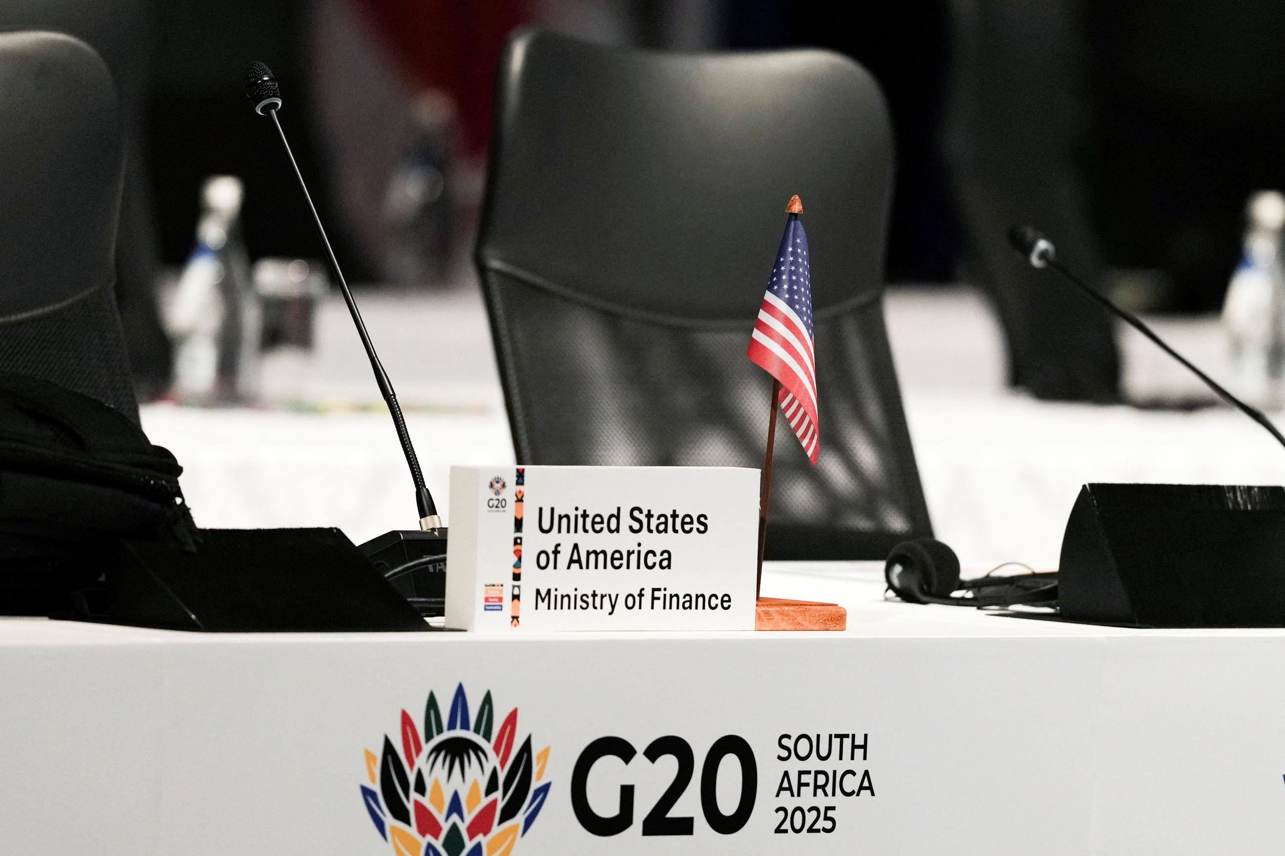 Seating signage for the U.S. delegation is displayed ahead of the opening plenary session of the G20 Finance and Central Bank Deputies Meeting, in Cape Town, South Africa, on February 24, 2025.