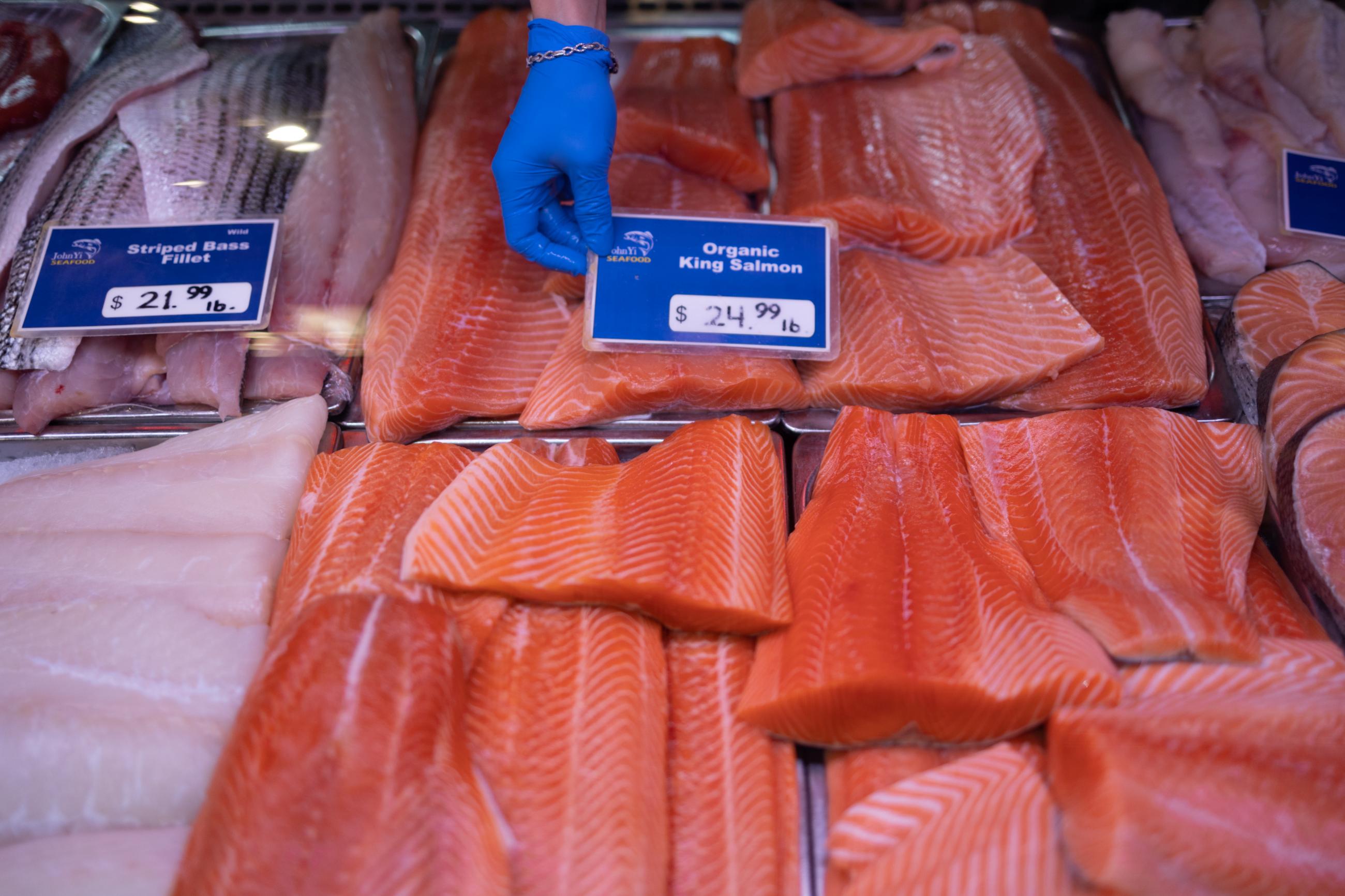 Fish is pictured at a fish market in Reading Terminal Market, in Philadelphia, on February 19, 2022. 