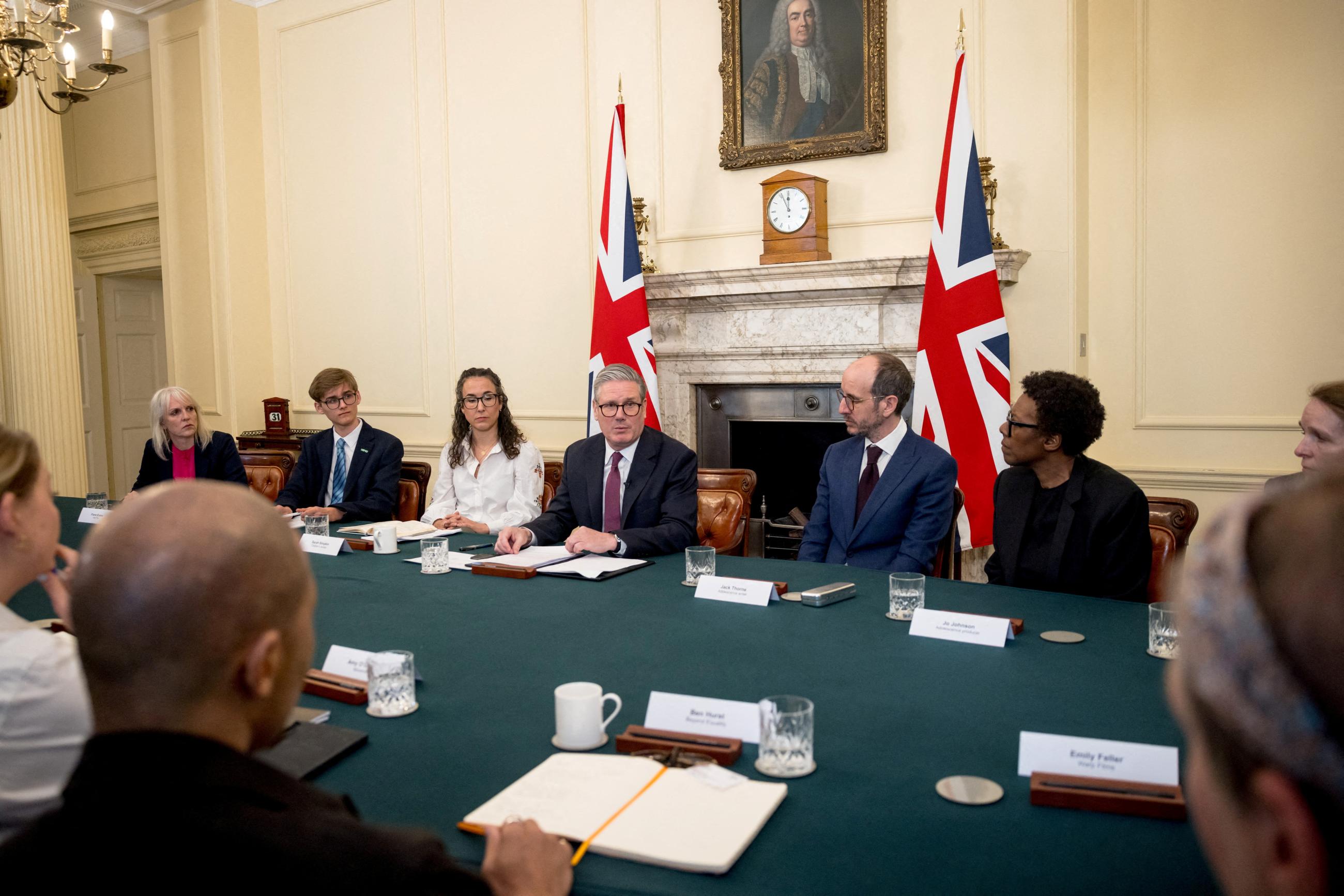 British Prime Minister Kier Starmer holds a meeting with Sarah Simpkin from The Children's Society, 'Adolescence' co-creator Jack Thorne and producer Jo Johnson, in London, Britain, on March 31, 2025.