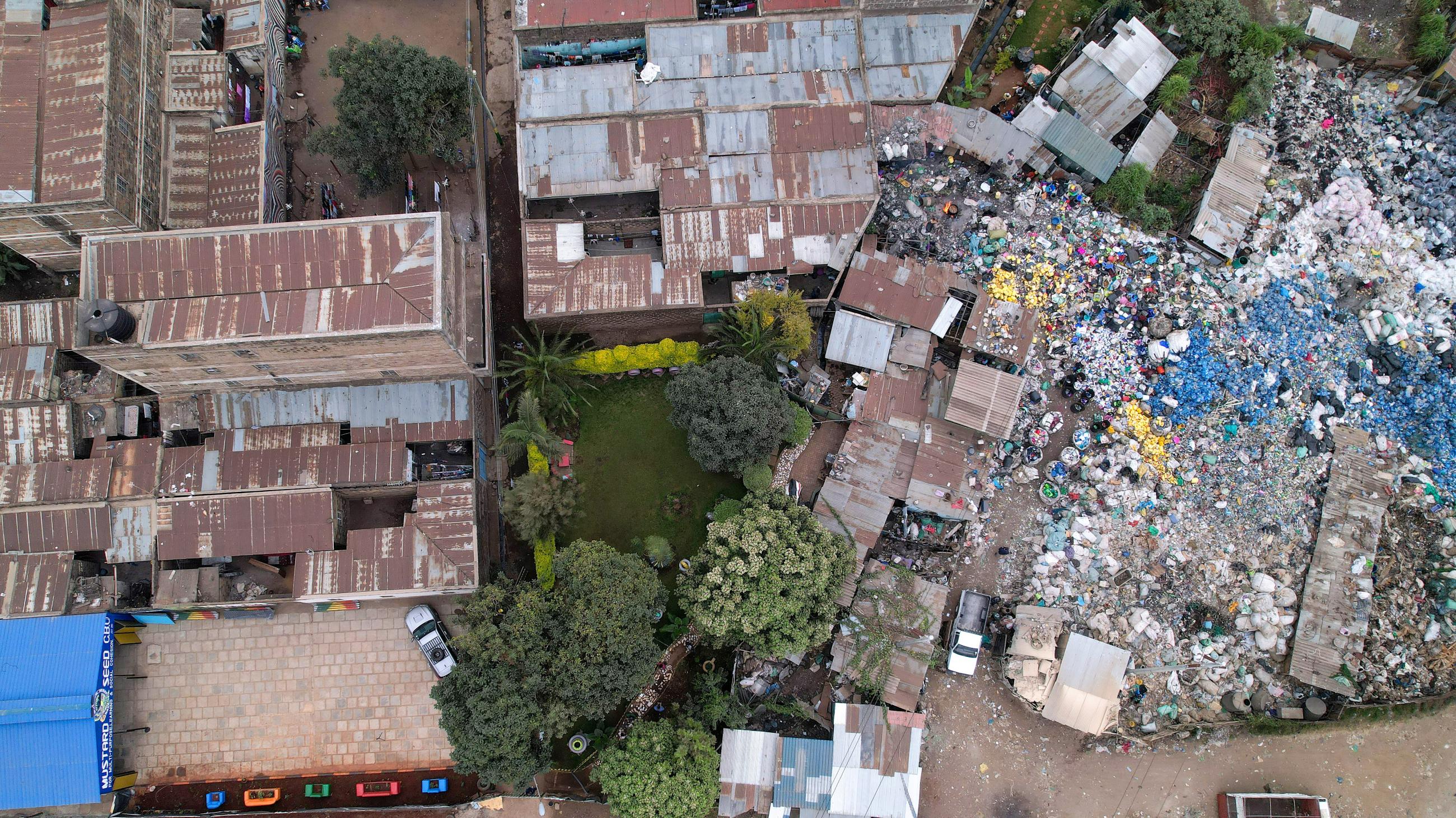 An aerial image, taken by a drone, of the Dandora community garden in a suburb of Nairobi, Kenya (2021).