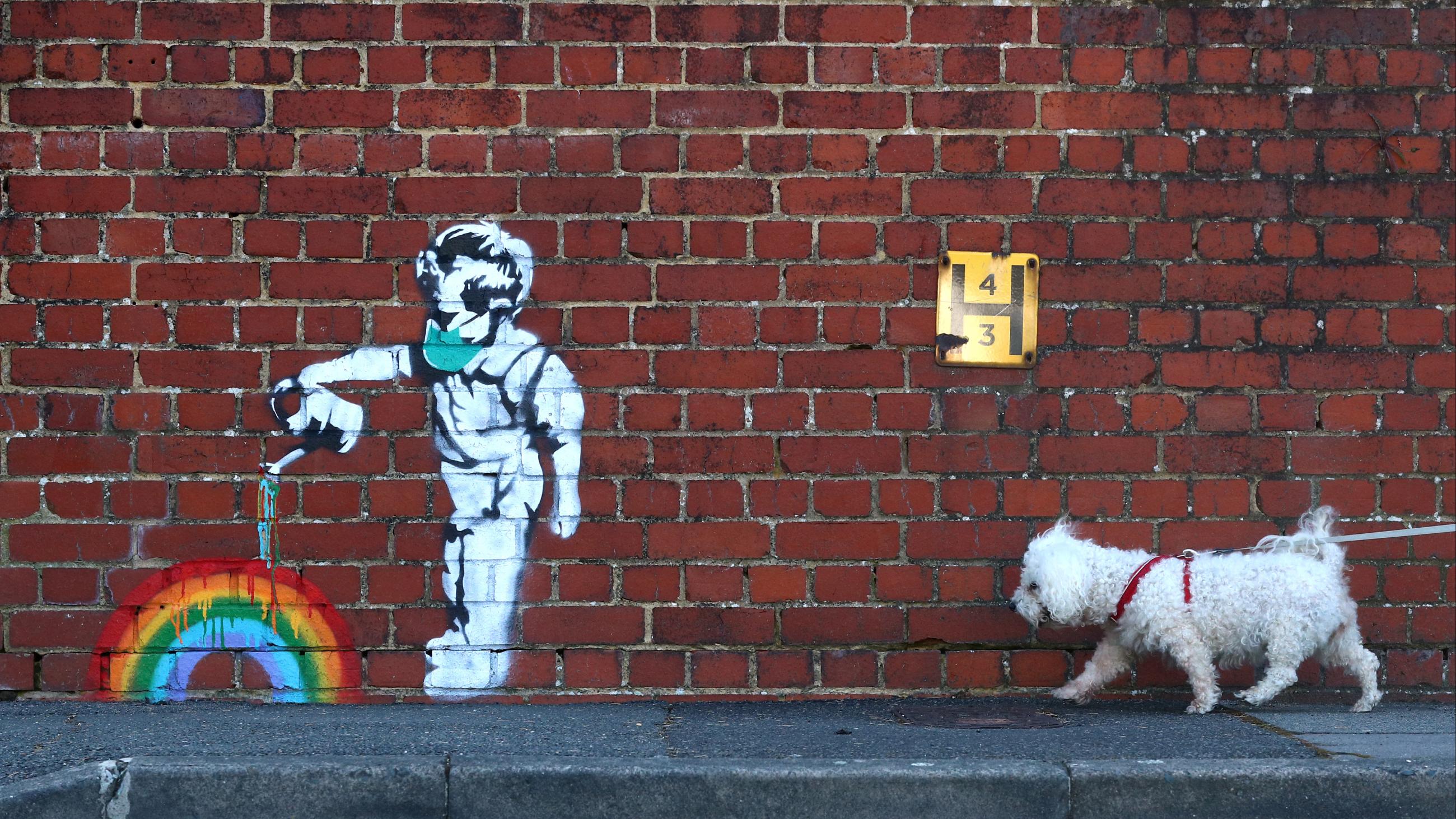 "Rainbow Boy," street art by Chris Shea (also known as State of the Art) in Biggin Hill, London, United Kingdom, on April 20, 2020.