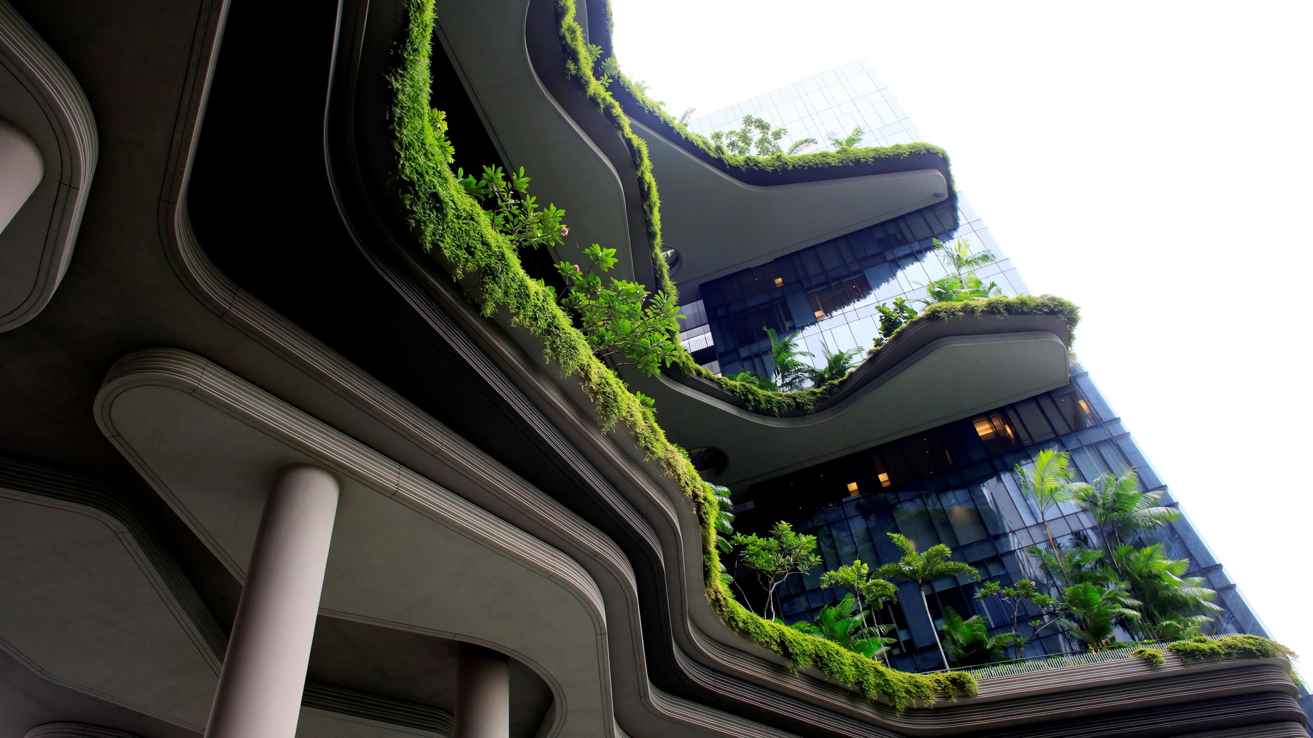 Greenery hangs off of every balcony of the Parkroyal Collection Hotel, an eco-friendly hotel-in-a-garden in Pickering, Singapore (2017).