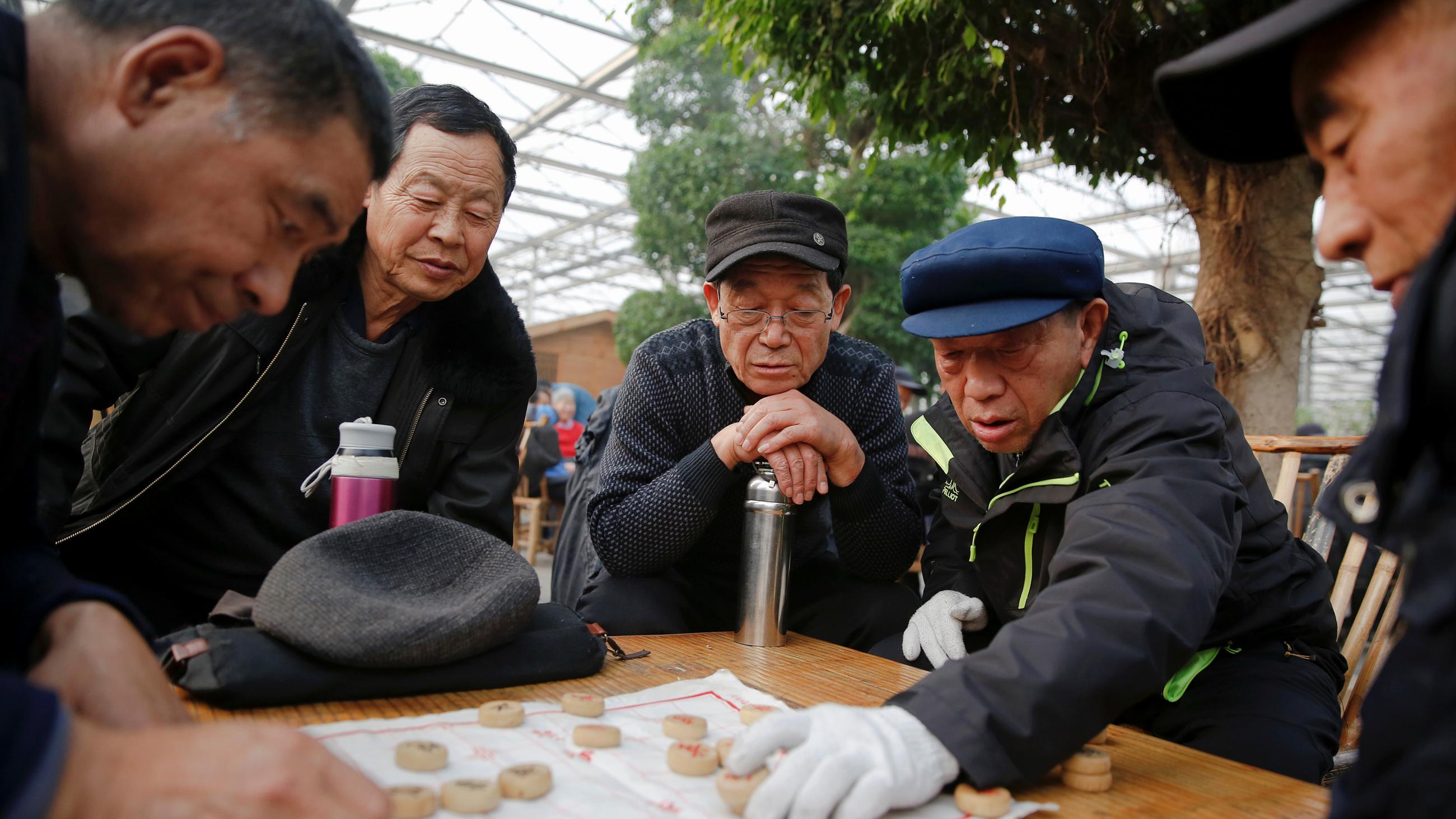 A group of men crouch over a board game inside the Jiutian Greenhouse in Langfang, Hebei province, China, where they've come to escape heavy smog outside.