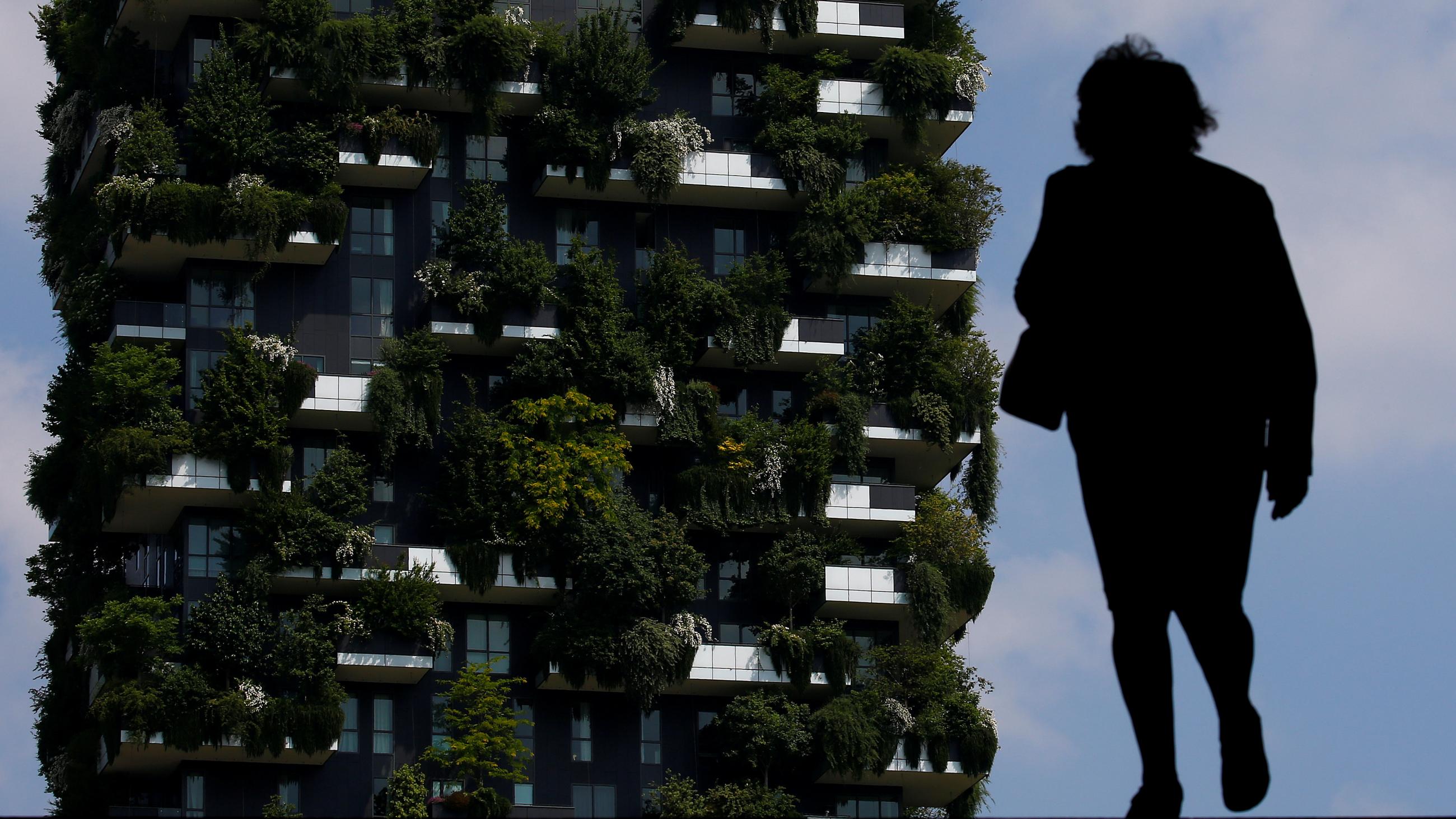 A person views the Bosco Verticale, or Verticle Forest, in Milan, Italy.