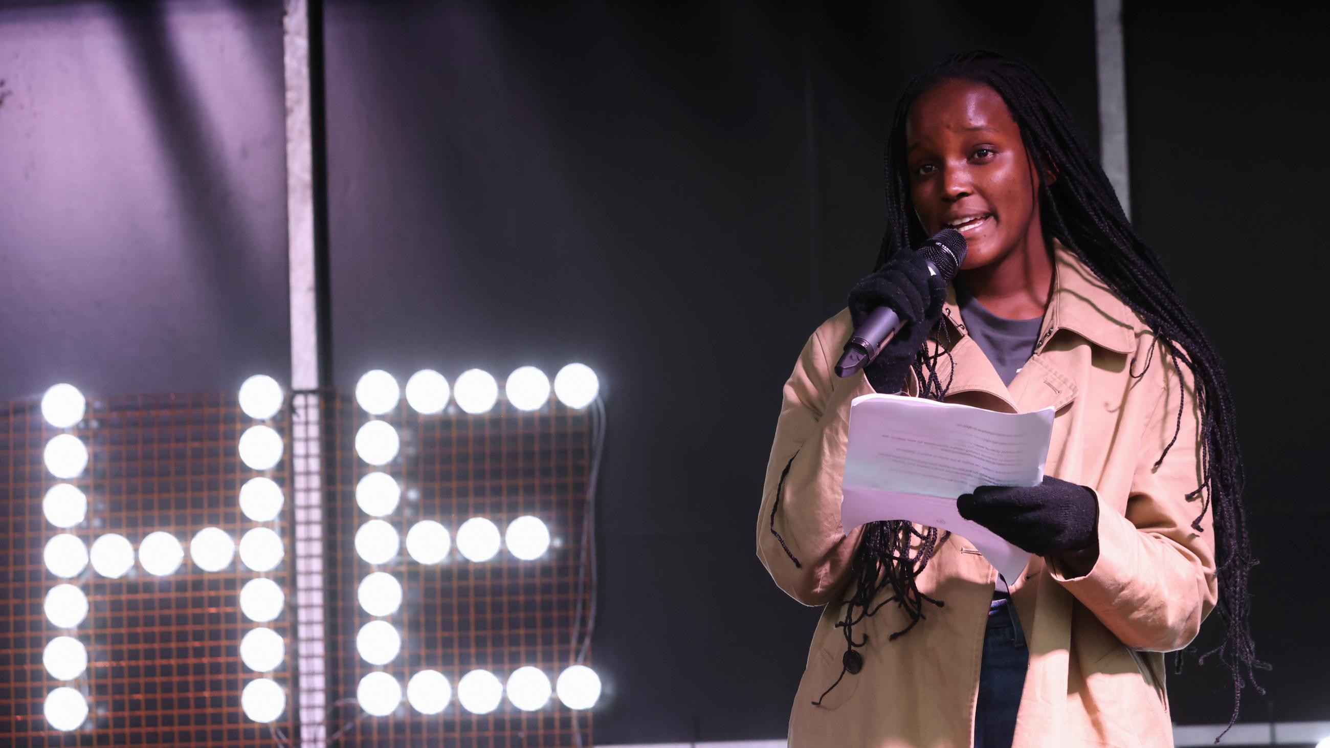 Climate activist Vanessa Nakate speaks at a Fridays for Future march during the UN Climate Change Conference (COP26), in Glasgow, Scotland, Britain, November 5, 2021.