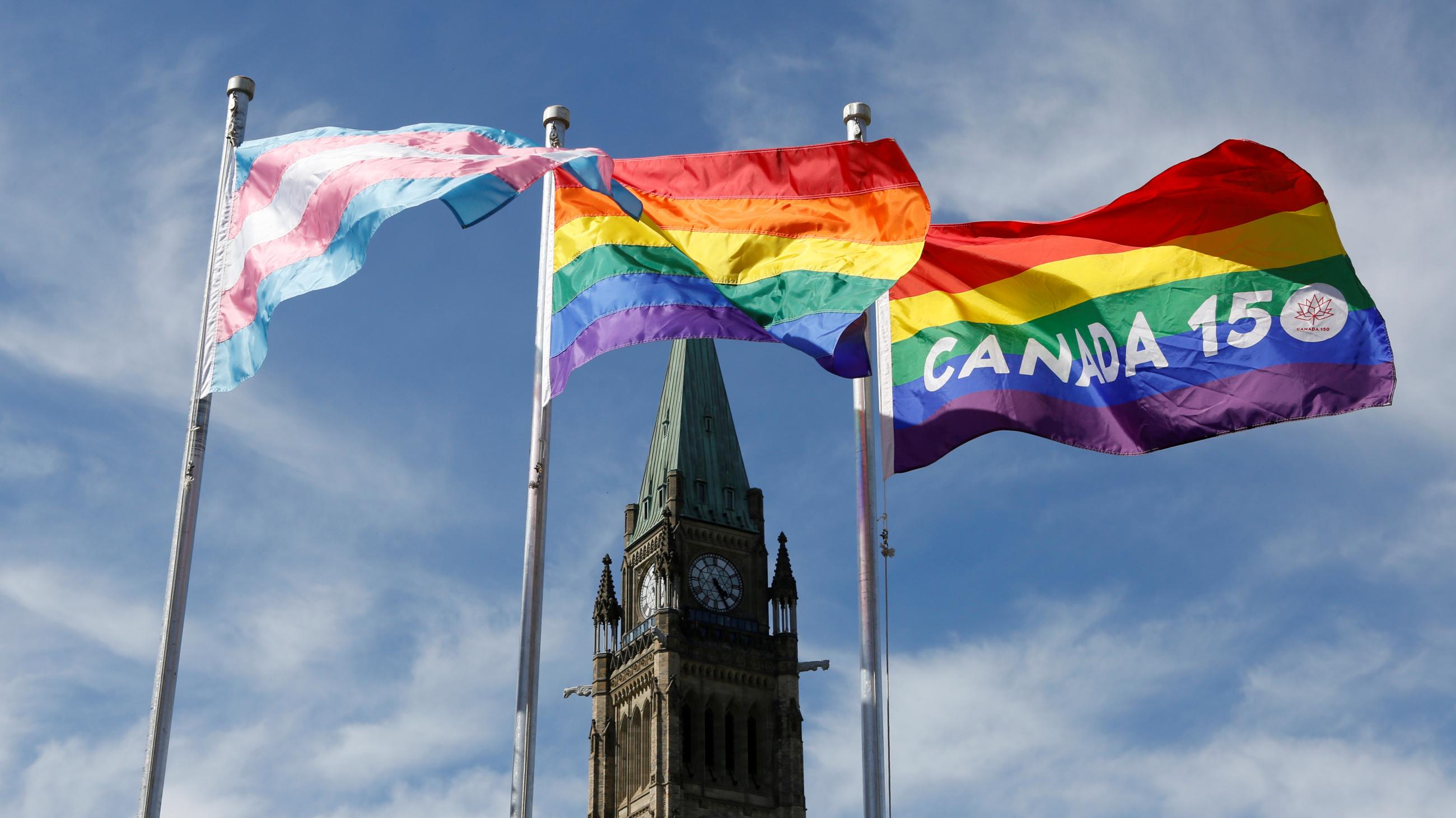 Canada gay pride flags wave in the wind 