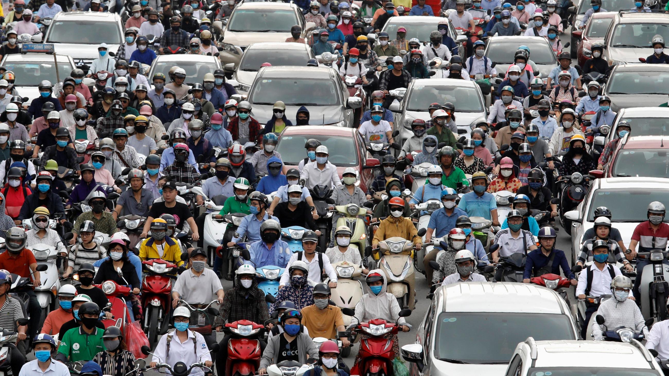 Traffic jam is seen in morning rush hour after the government eased nationwide lockdown following the COVID-19 outbreak in Hanoi, Vietnam, on May 25, 2020.