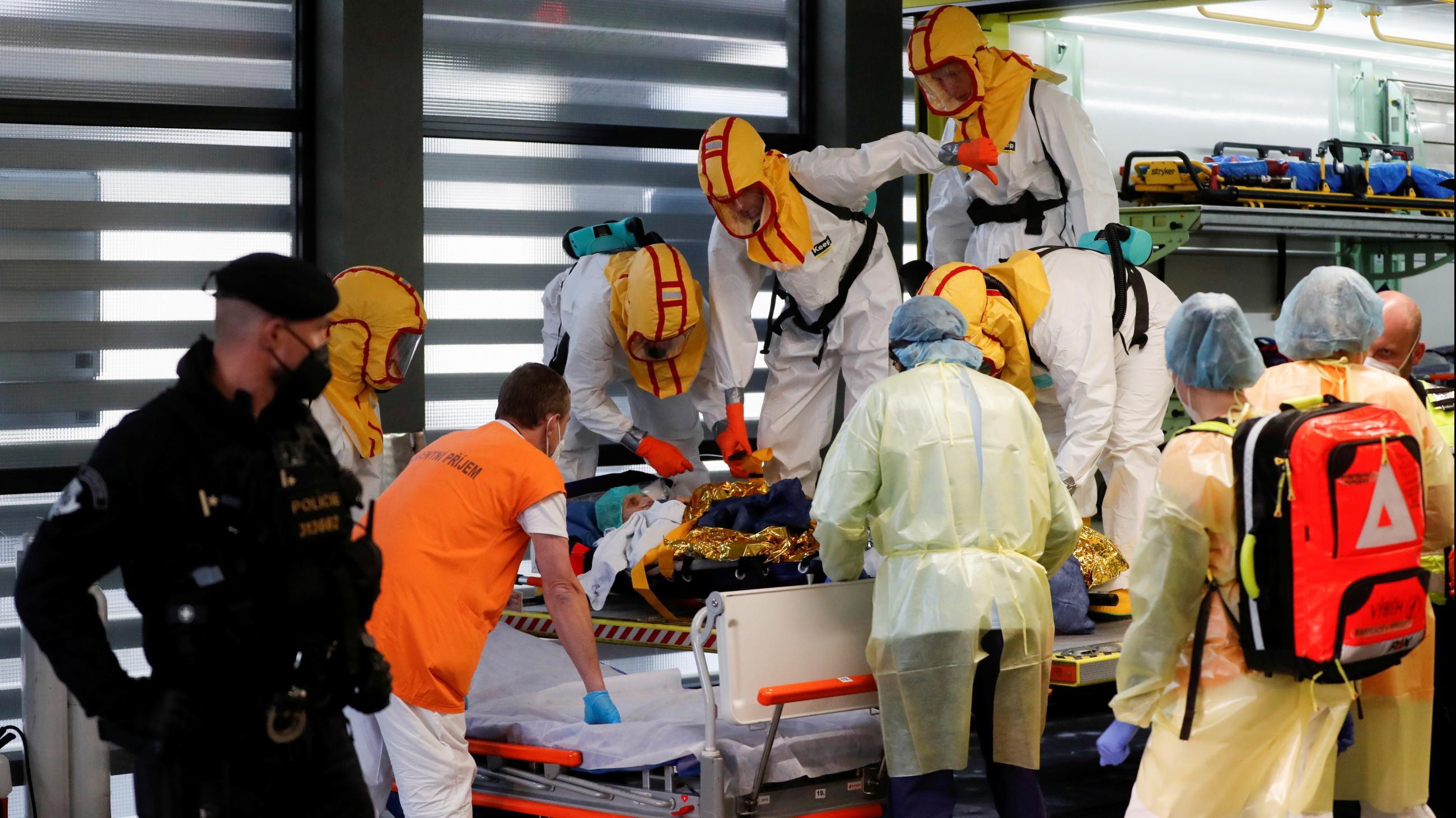 Medical staff transport a COVID-19 patient from Brno to Prague, Czech Republic, on November 25, 2021. 