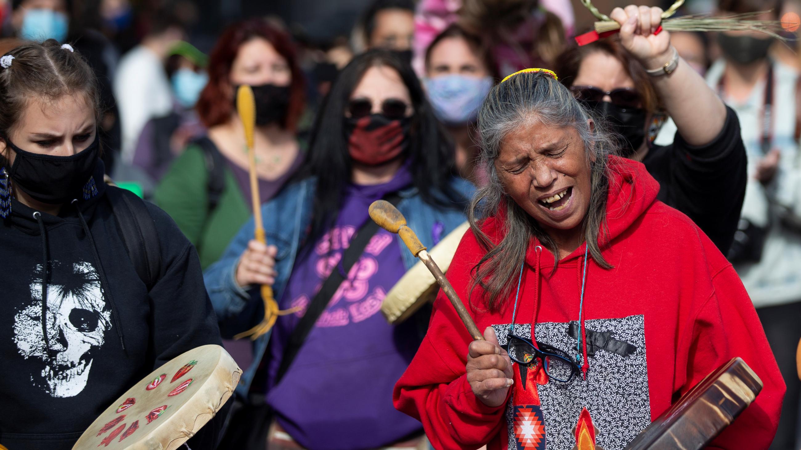 Women march to demand justice and raise awareness for Joyce Echaquan, an indigenous woman who died while subjected to racism at a hospital in September 2020, in Quebec, Canada.