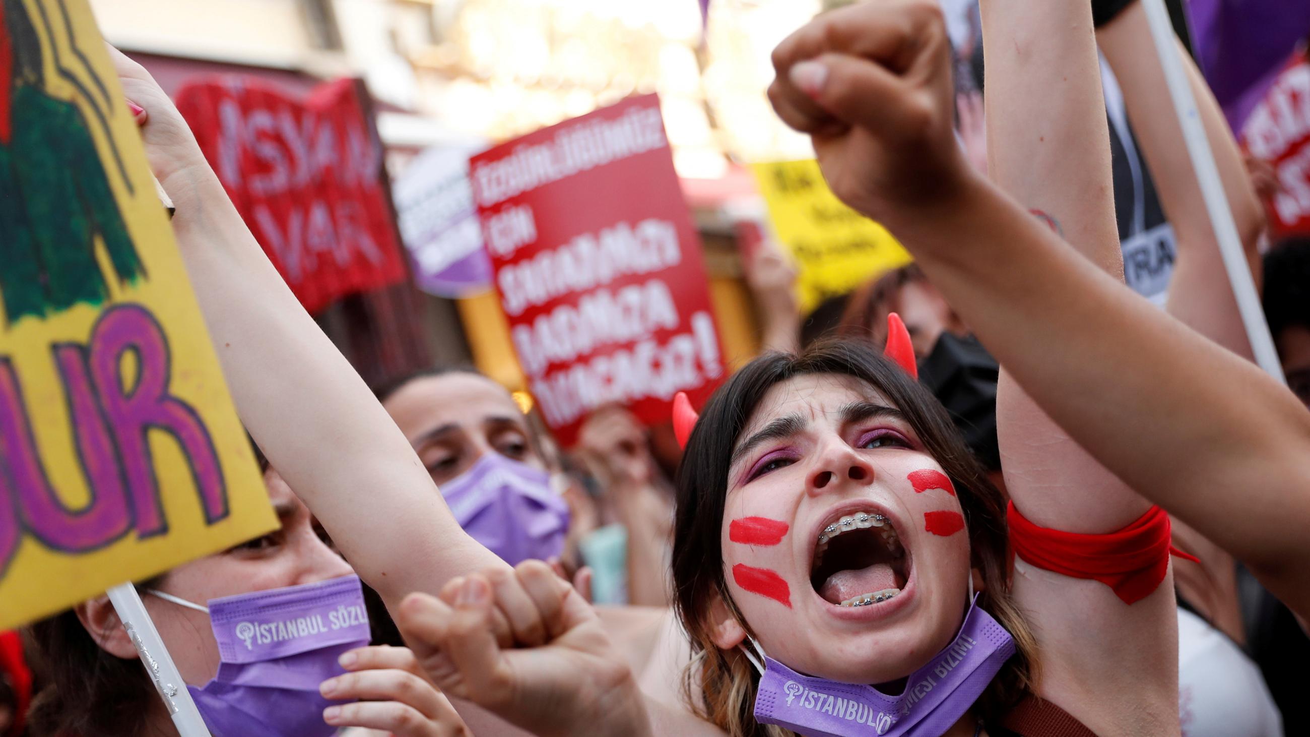 omen protesting against Turkey's withdrawal from the Istanbul Convention, in Istanbul, Turkey, on July 1, 2021