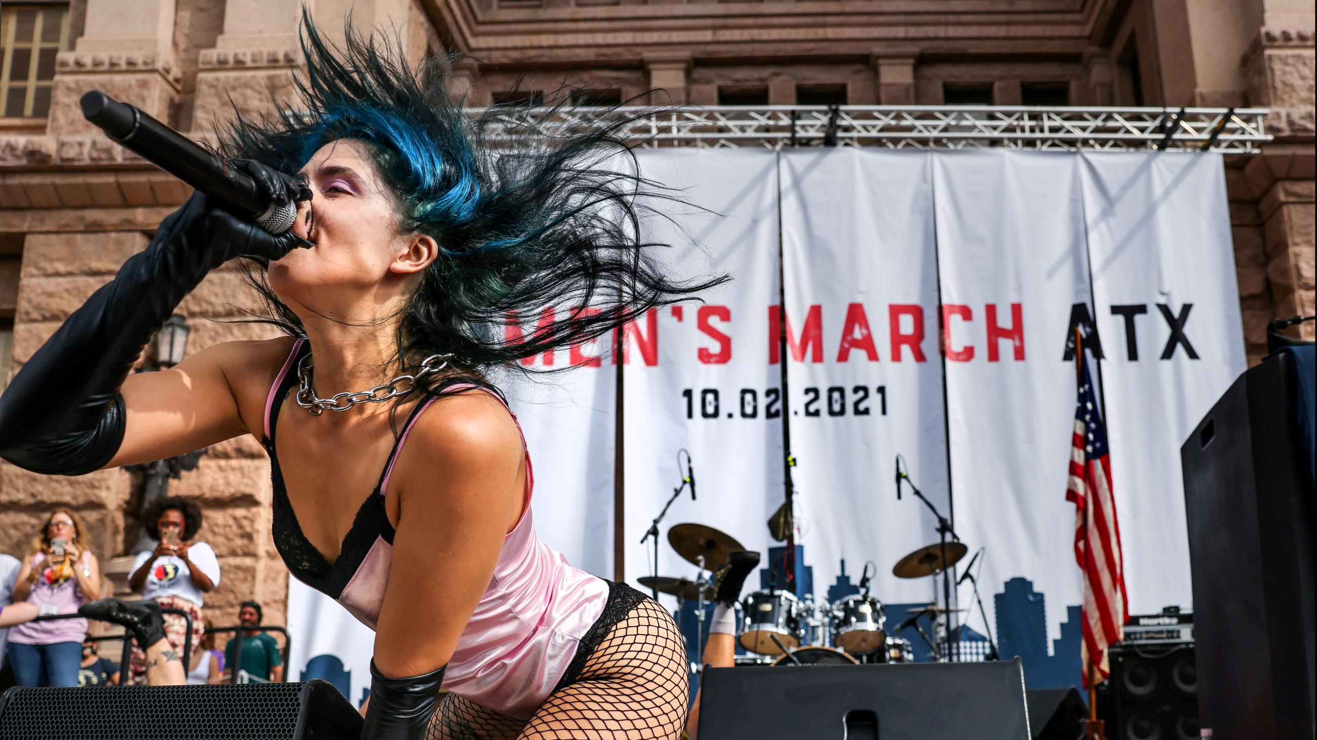 A member of Pussy Riot performs in the nationwide Women's March, held after Texas rolled out a near-total ban on abortion procedures and access to abortion-inducing medications, in Austin, Texas
