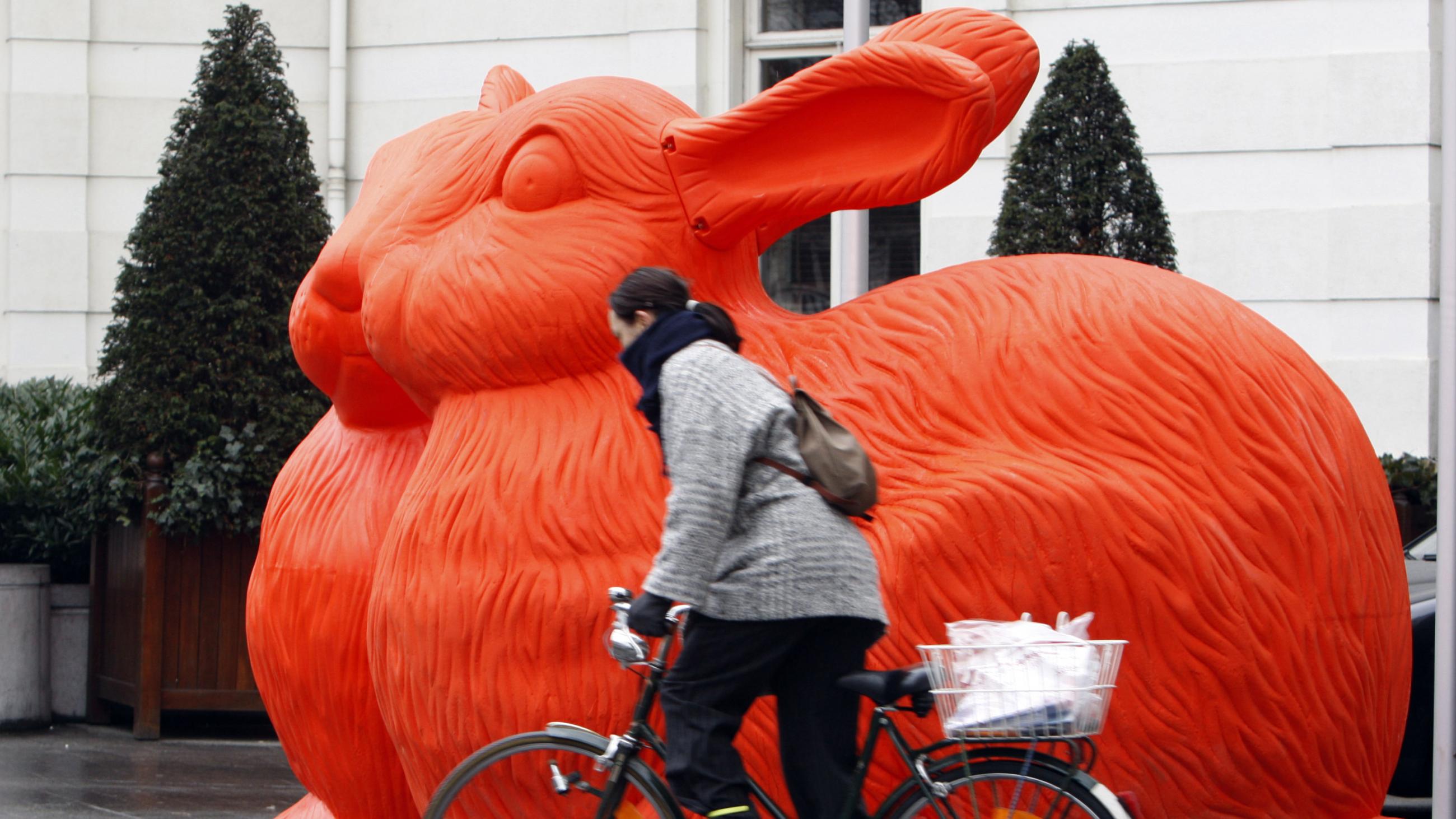 A woman on a bicycle wearing a gray jacket bikes past two giant bright orange plastic rabbits made from recycled materials