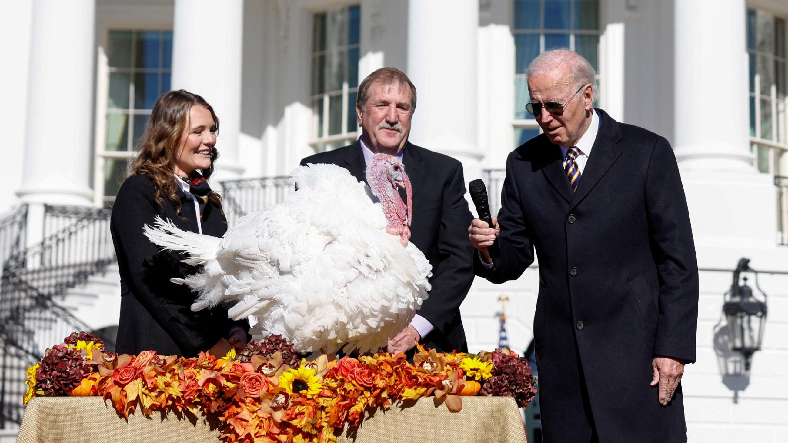 President Joe Biden attends the annual ceremony to pardon Chocolate and Chip, the National Thanksgiving Turkeys, on the South Lawn of the White House in Washington, DC, on November 21, 2022. 