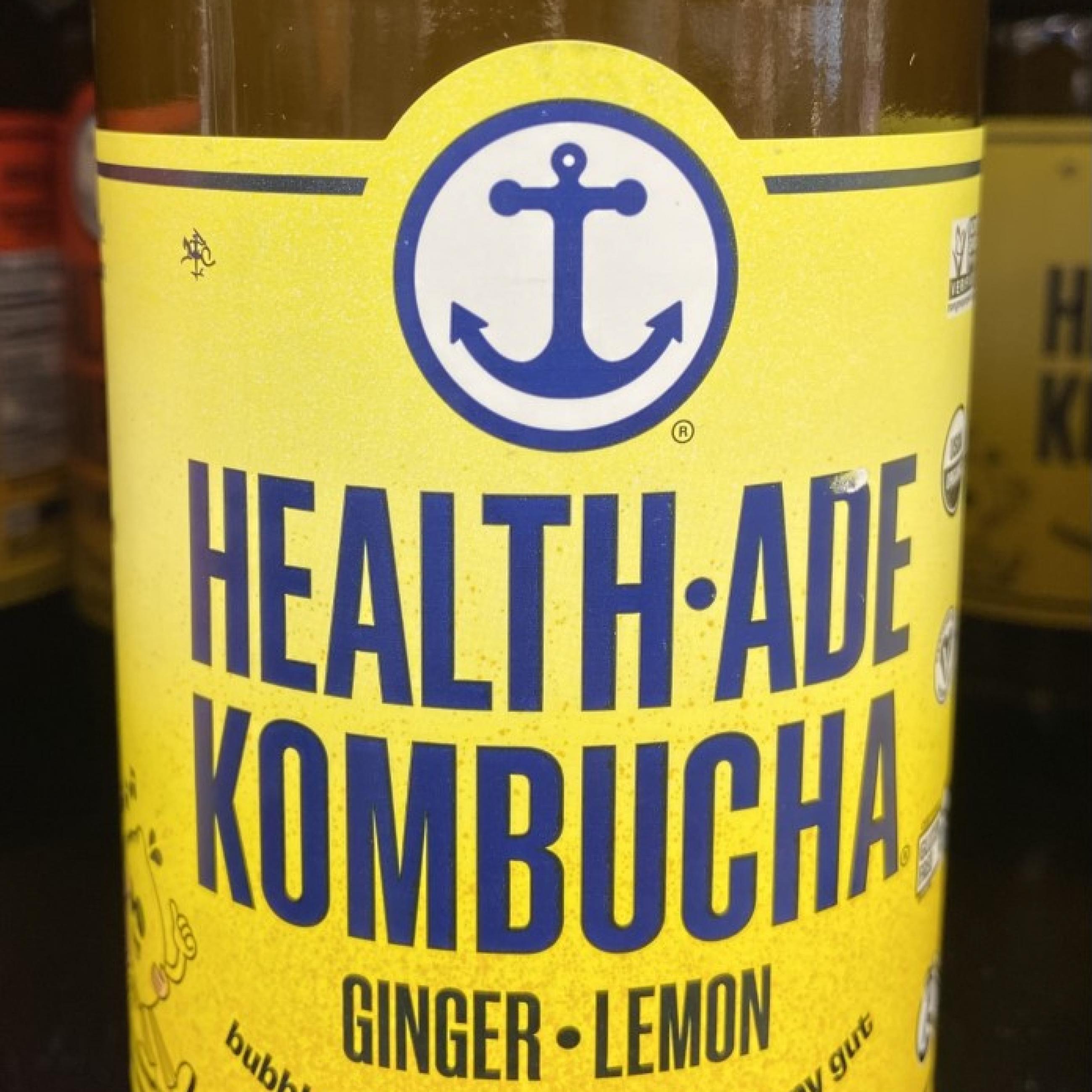 A bottle of Health-Ade Ginger Lemon Kombucha