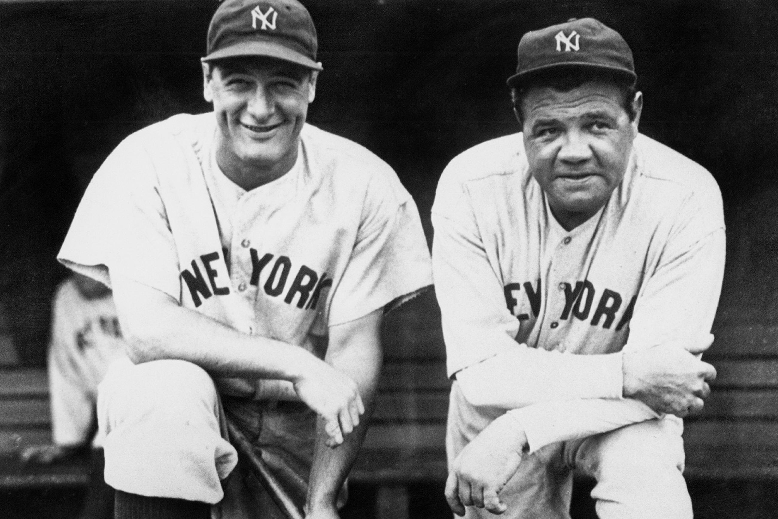 Lou Gehrig, pictured with New York Yankees teammate Babe Ruth, was called the "Iron Horse" of baseball for playing in 2,130 consecutive games before his forced retirement from the game that loved him. The photo shows Lou Gherig in happier times leaning on one knee propped on a dugout bench next to the Babe. GETTY PHOTO.