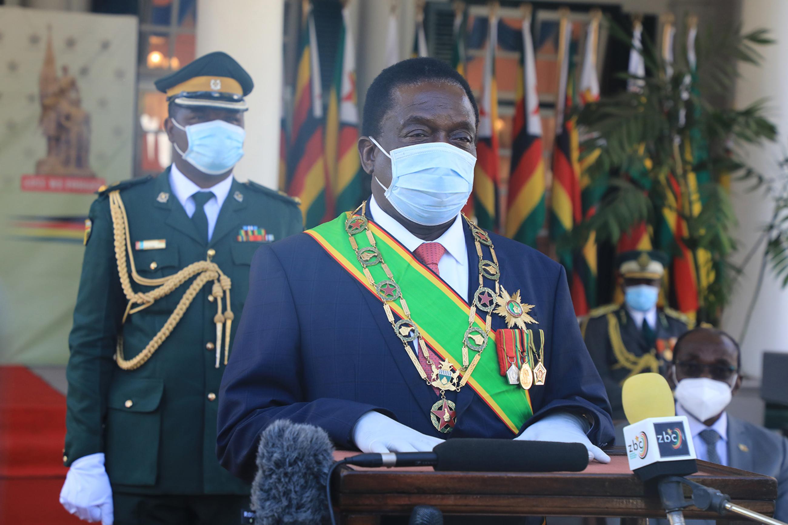 Zimbabwean President Emmerson Mnangagwa gives a speech at the Heroes' Day Commemoration in Harare, Zimbabwe, amid the ongoing COVID-19 pandemic on August 10, 2020. GETTY IMAGES/Wanda/Xinhua