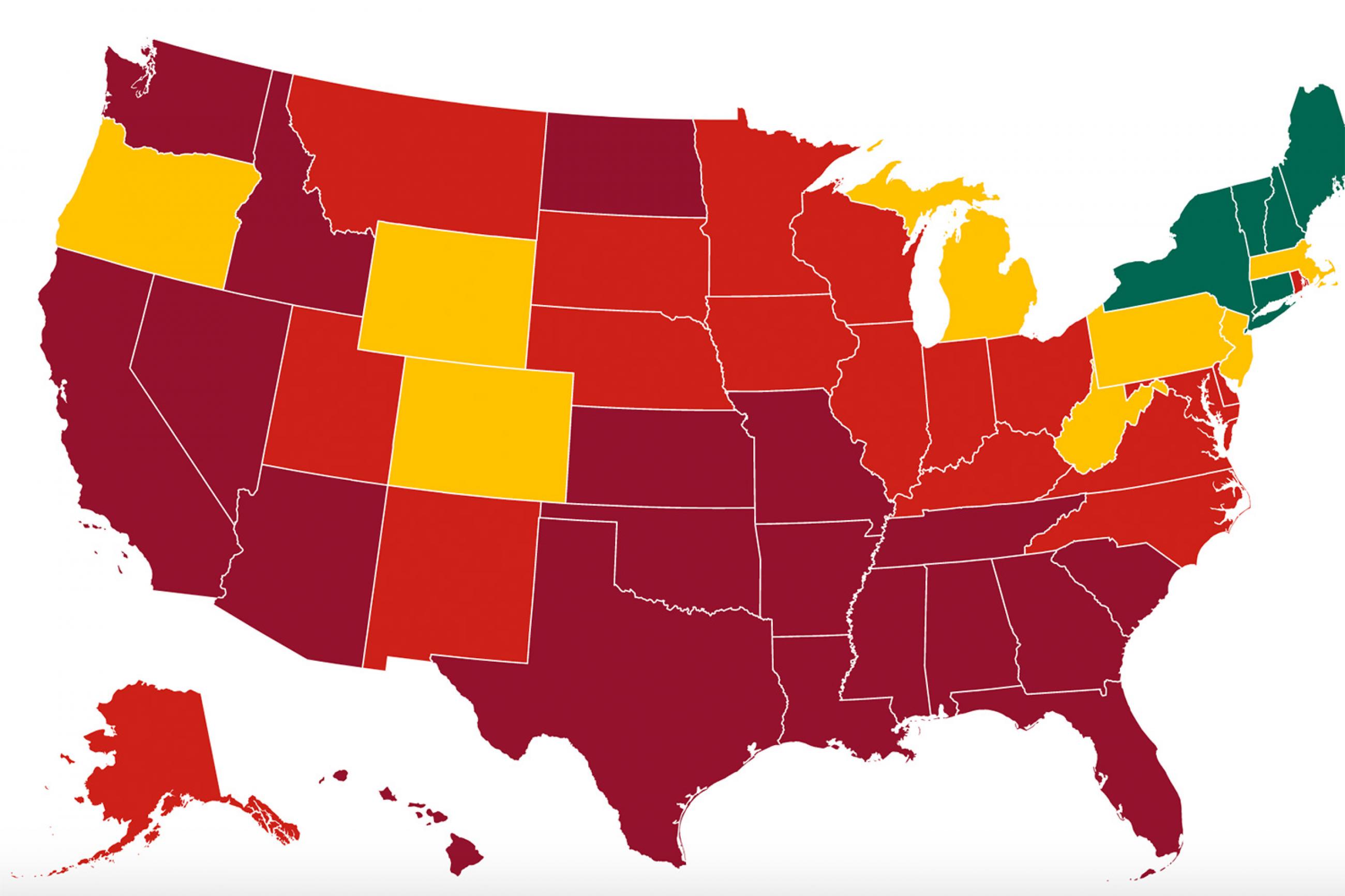 Each state's progress towards reduction in symptoms and cases, health system readiness, and increased testing. The image shows a map of the united states with four colors according to outbreak status. SOURCE: Covid Exit Strategy