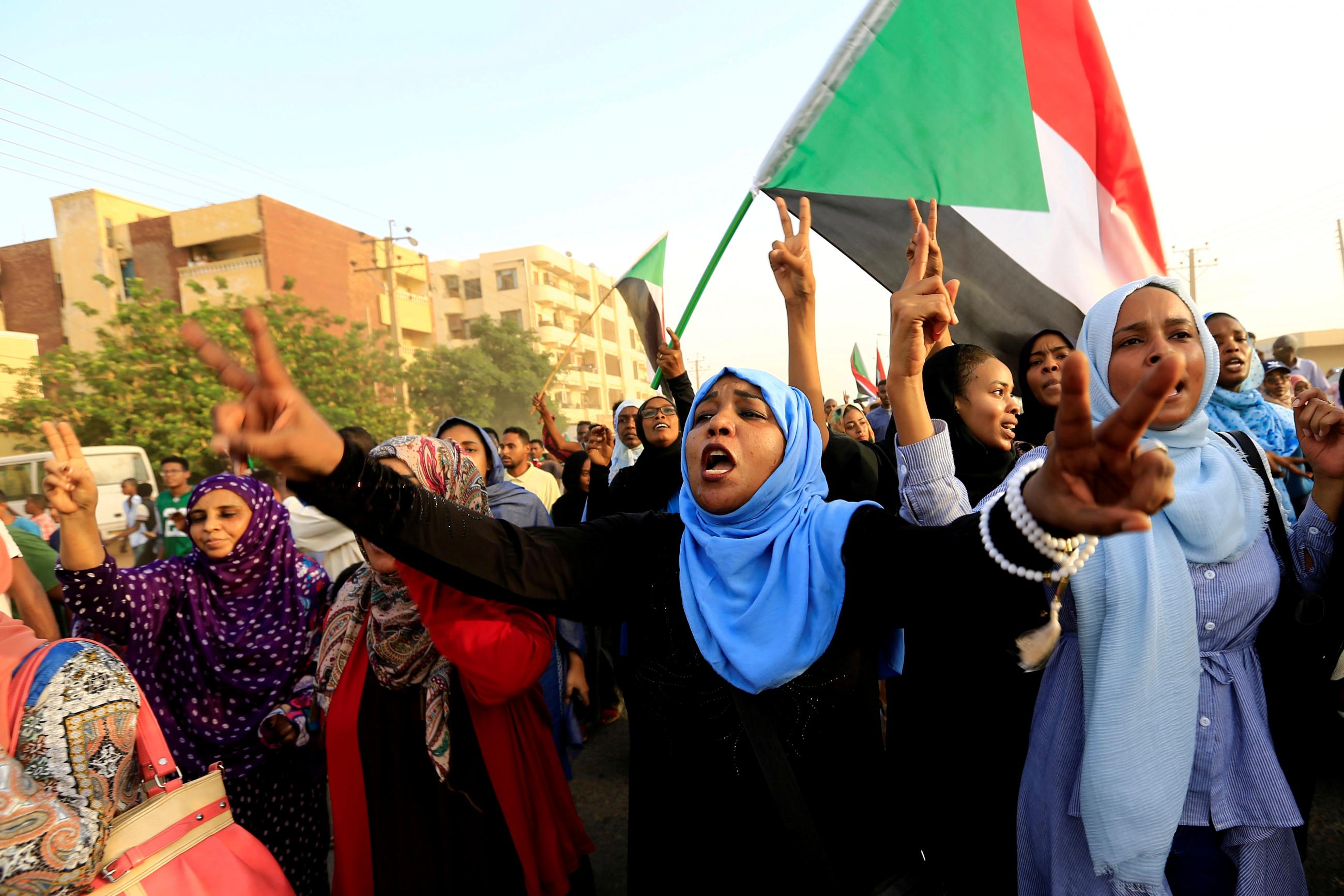 Protesters march during a demonstration to commemorate 40 days since the sit-in massacre in Khartoum, Sudan. Photo taken July 13, 2019.