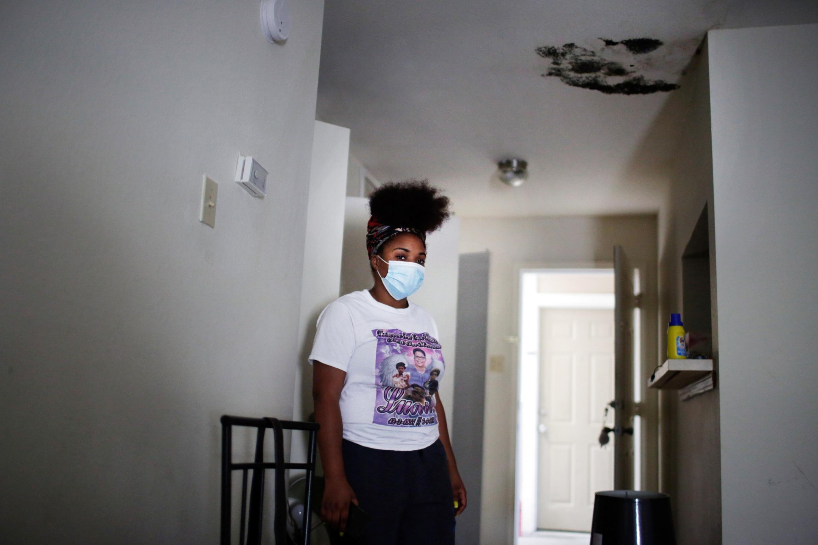 Black mold covers the ceiling of a home in New Orleans, Louisiana. The landlord moved the tenant from her apartment into another one in the same complex with similar issues.