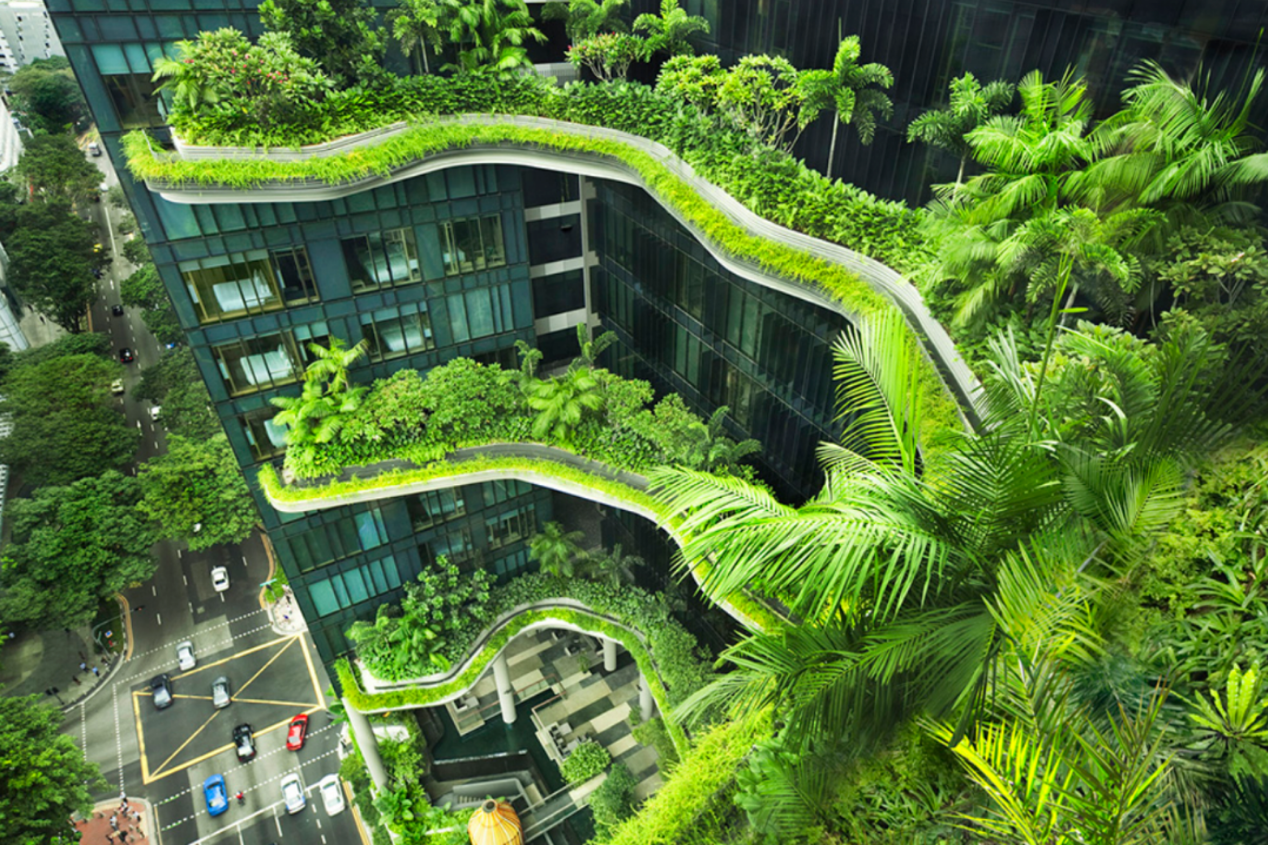 The Parkroyal Collection Pickering, in Singapore, is a "green" hotel, designed with naturally ventilated corridors, solar-powered irrigation, rain water retention and sun shading.