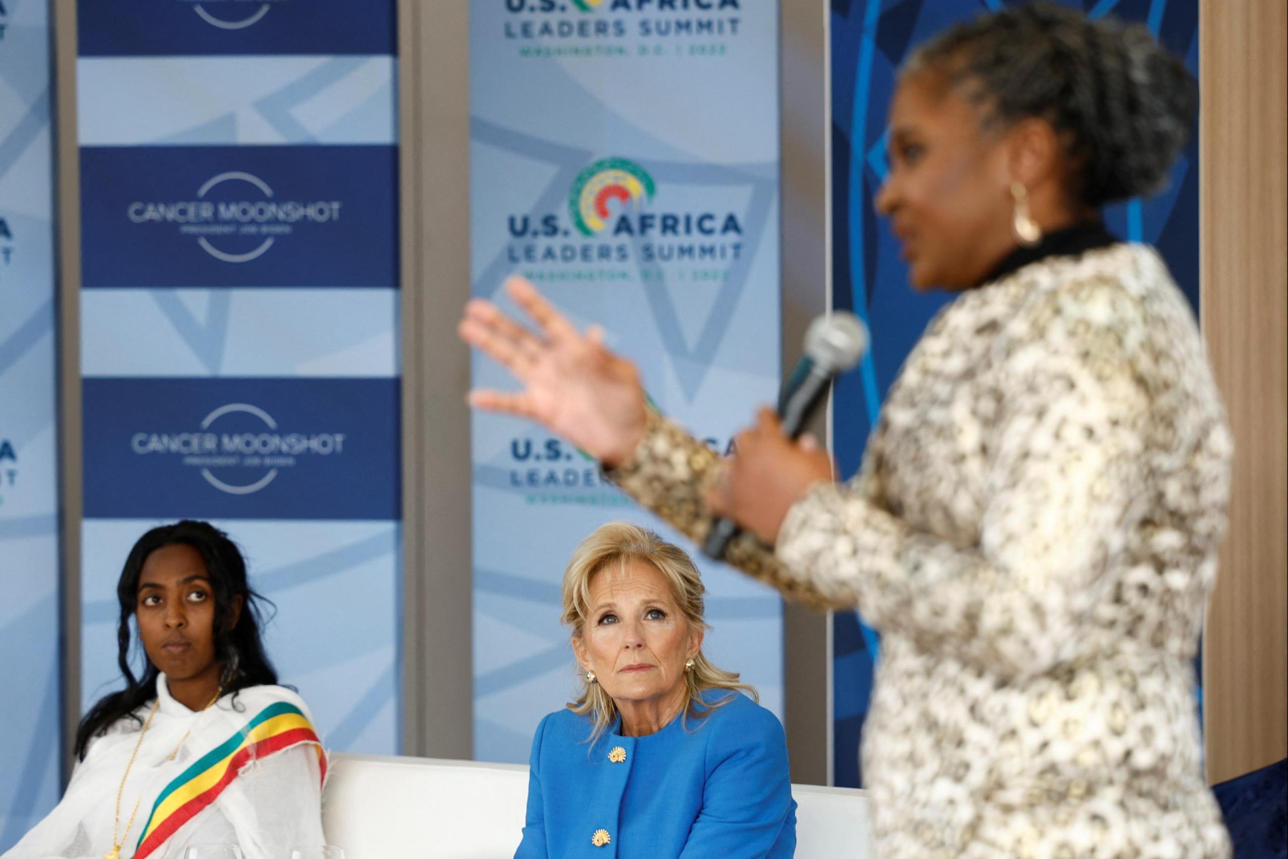 Jill Biden listens as Namibia's first lady Monica Geingos speaks, at a conversation with spouses of leaders attending the U.S.-Africa Leaders Summit, in Washington, DC, on December 14, 2022.