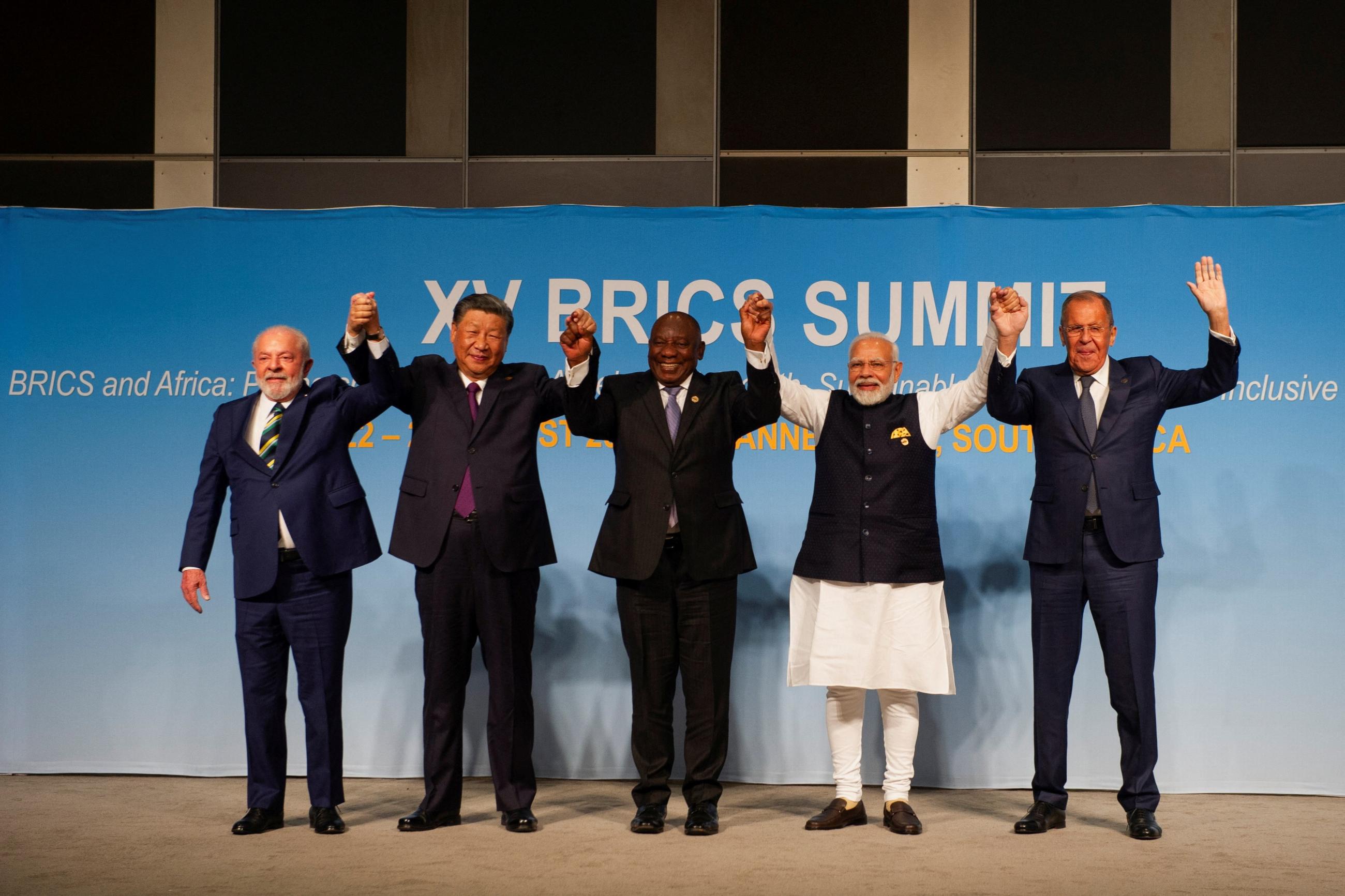 BRICS leaders pose for a picture at the BRICS Summit in Johannesburg, South Africa on August 23, 2023.