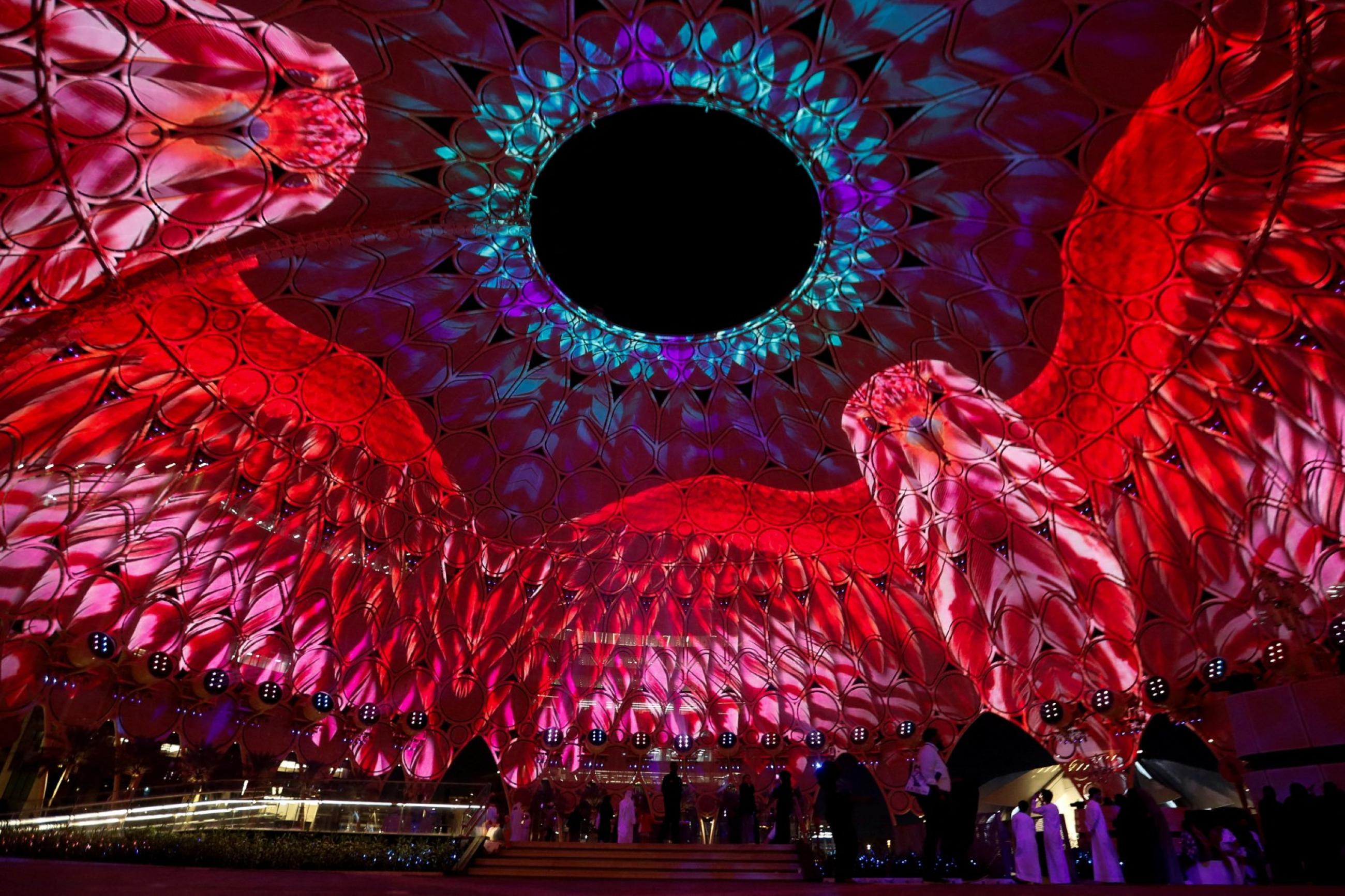 Visual projections of eagles are displayed at the Al Wasl dome at the Dubai's Expo City during the United Nations COP28, in Dubai, United Arab Emirates, on December 12, 2023.