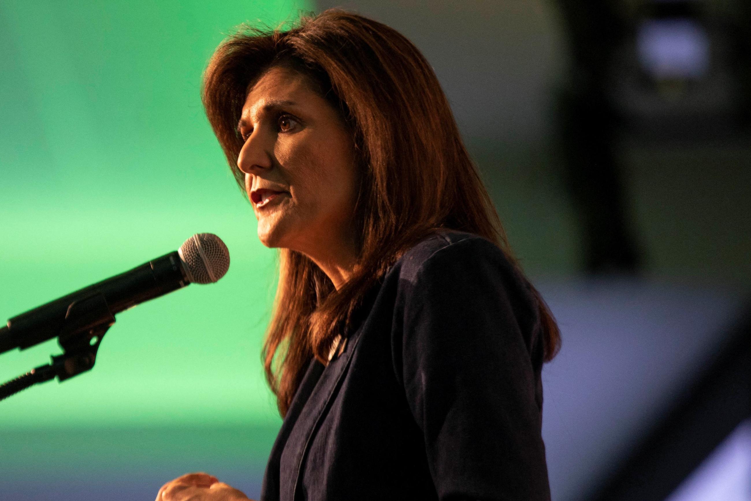 Republican presidential candidate Nikki Haley makes remarks.