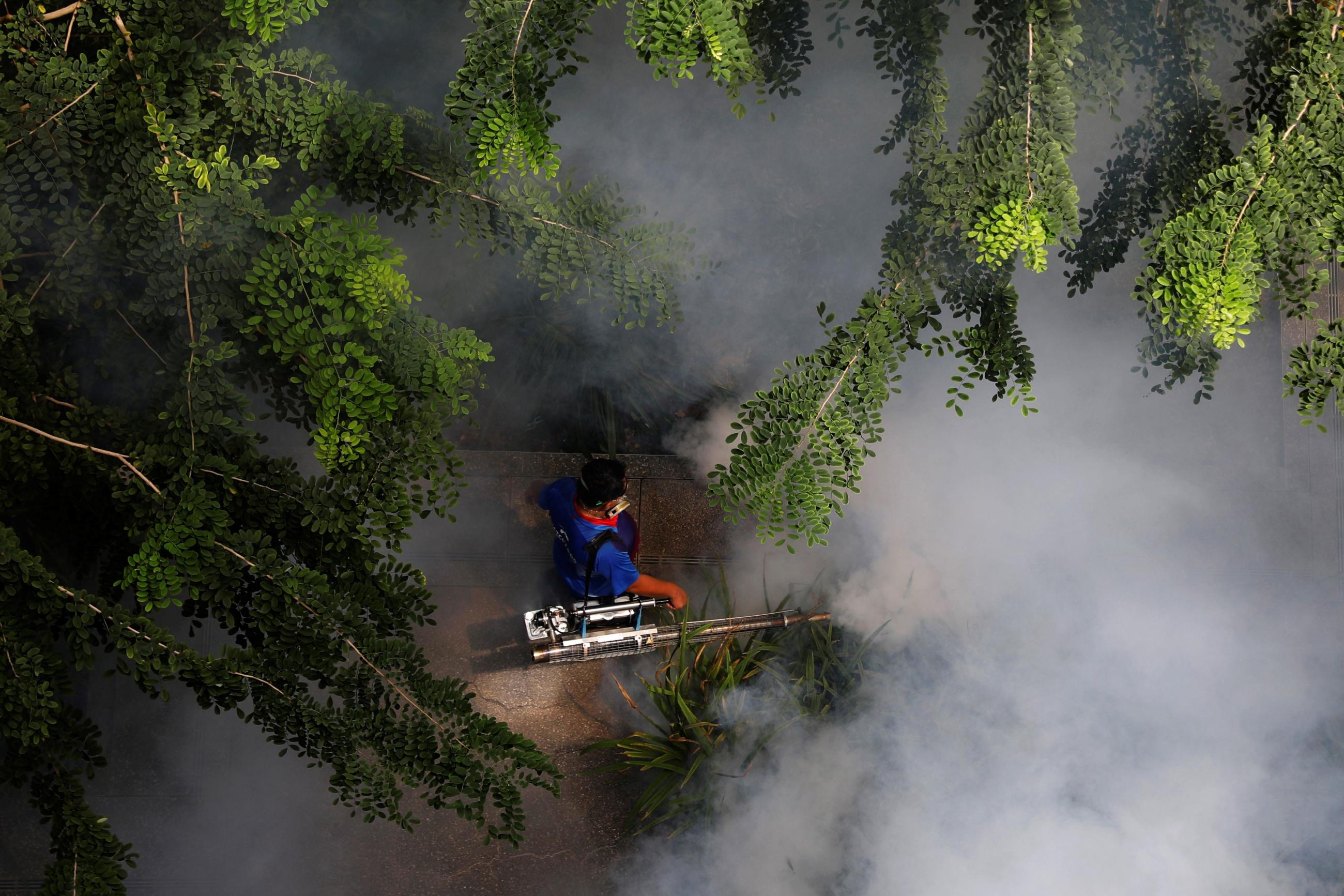 A worker fogs a housing estate for mosquitos, in Singapore, on August 27, 2020.